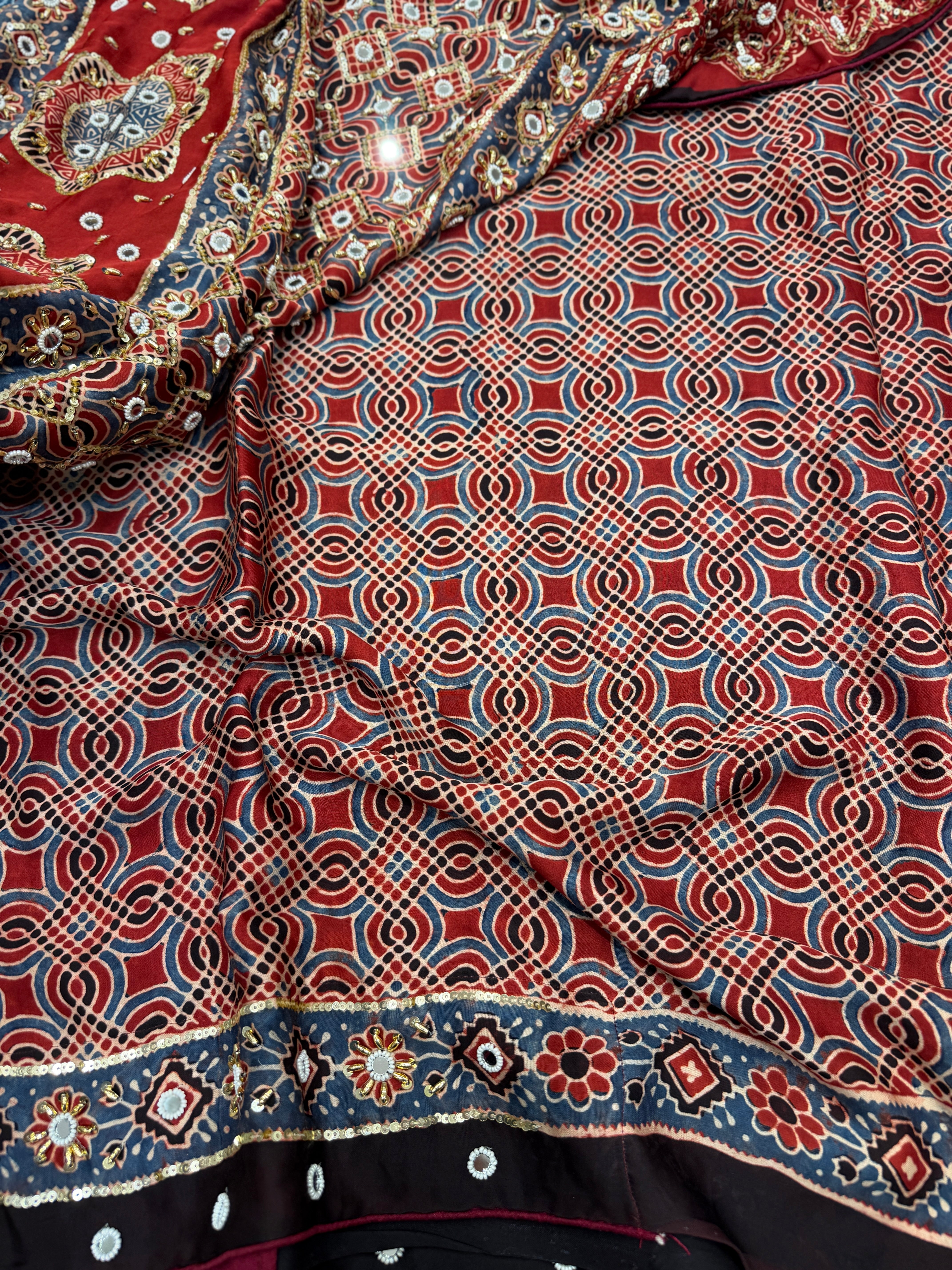 Blue Red Badam Buttis Ajrakh Real Mirror Moti Sequin Hand Embroidery Saree