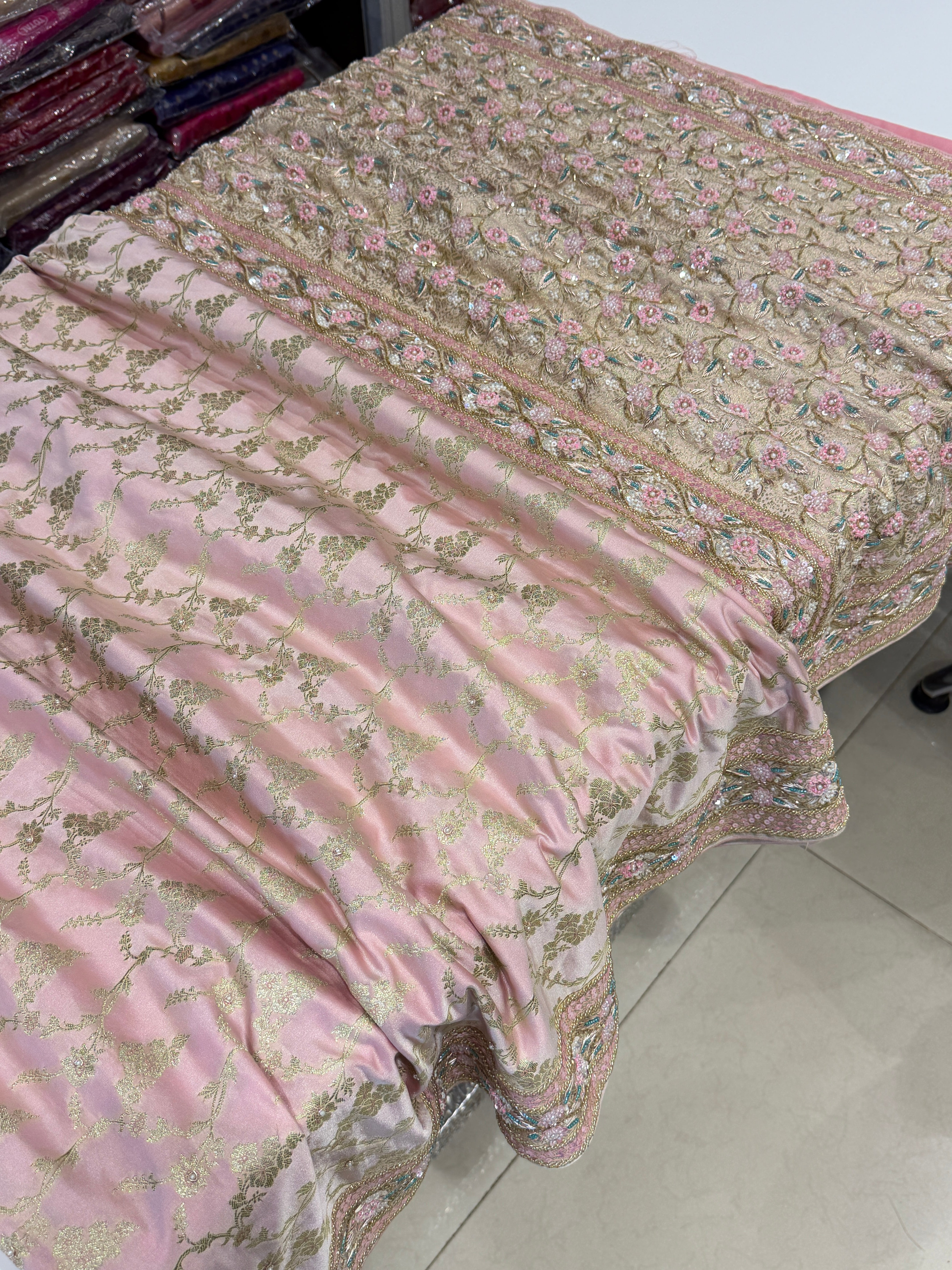 Light Pink Banarasi Floret Jaal Fancy Hand Embroidery Saree