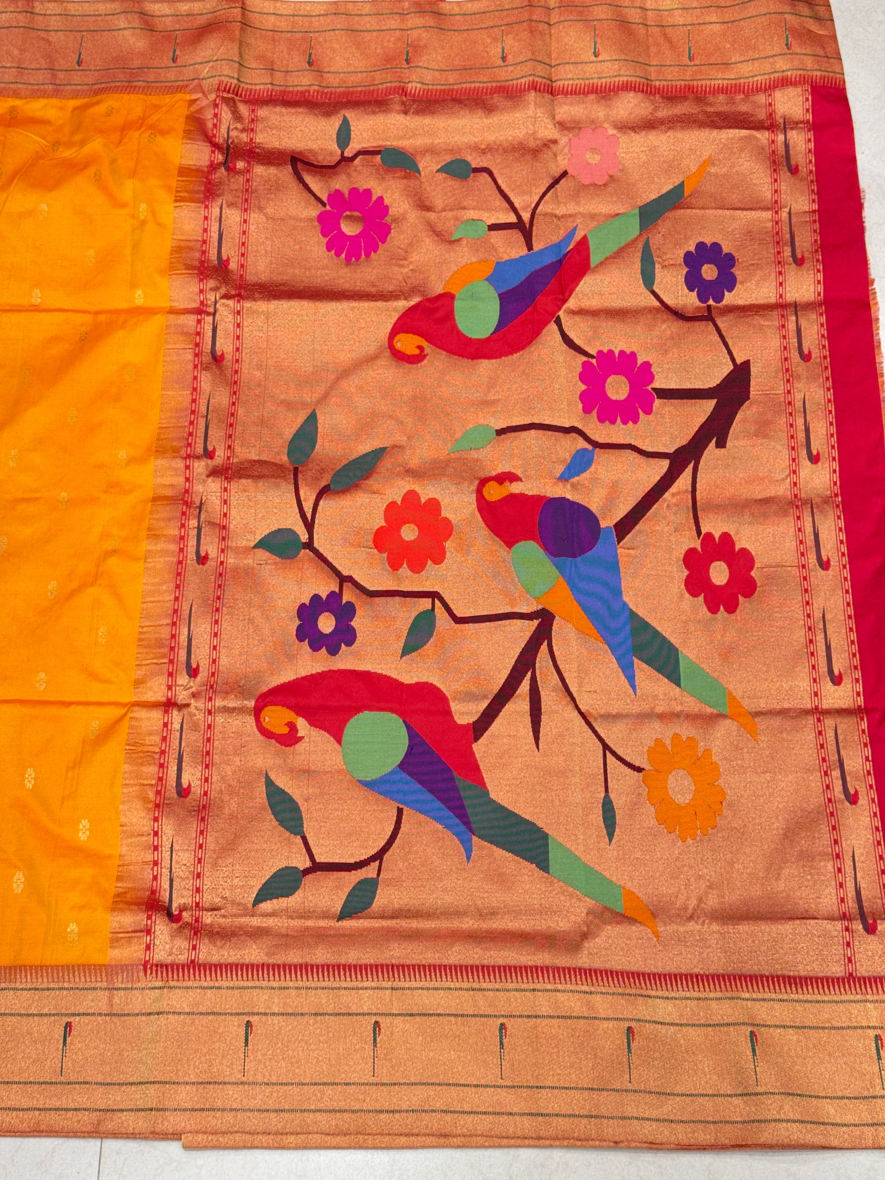 Yellow Muniya Pure Silk Handloom Paithani Saree