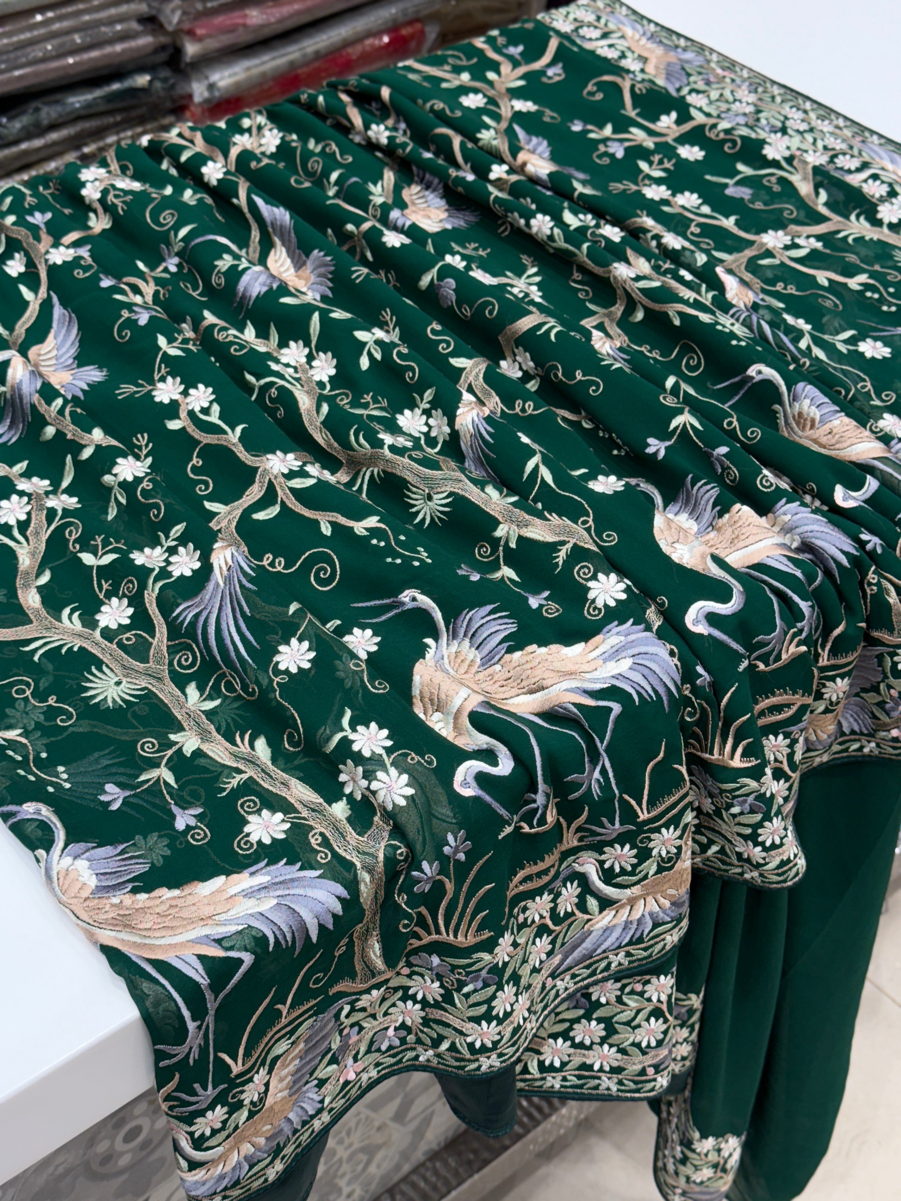 Bottle Green Tree Of Life Flamingo Parsi Gara Saree