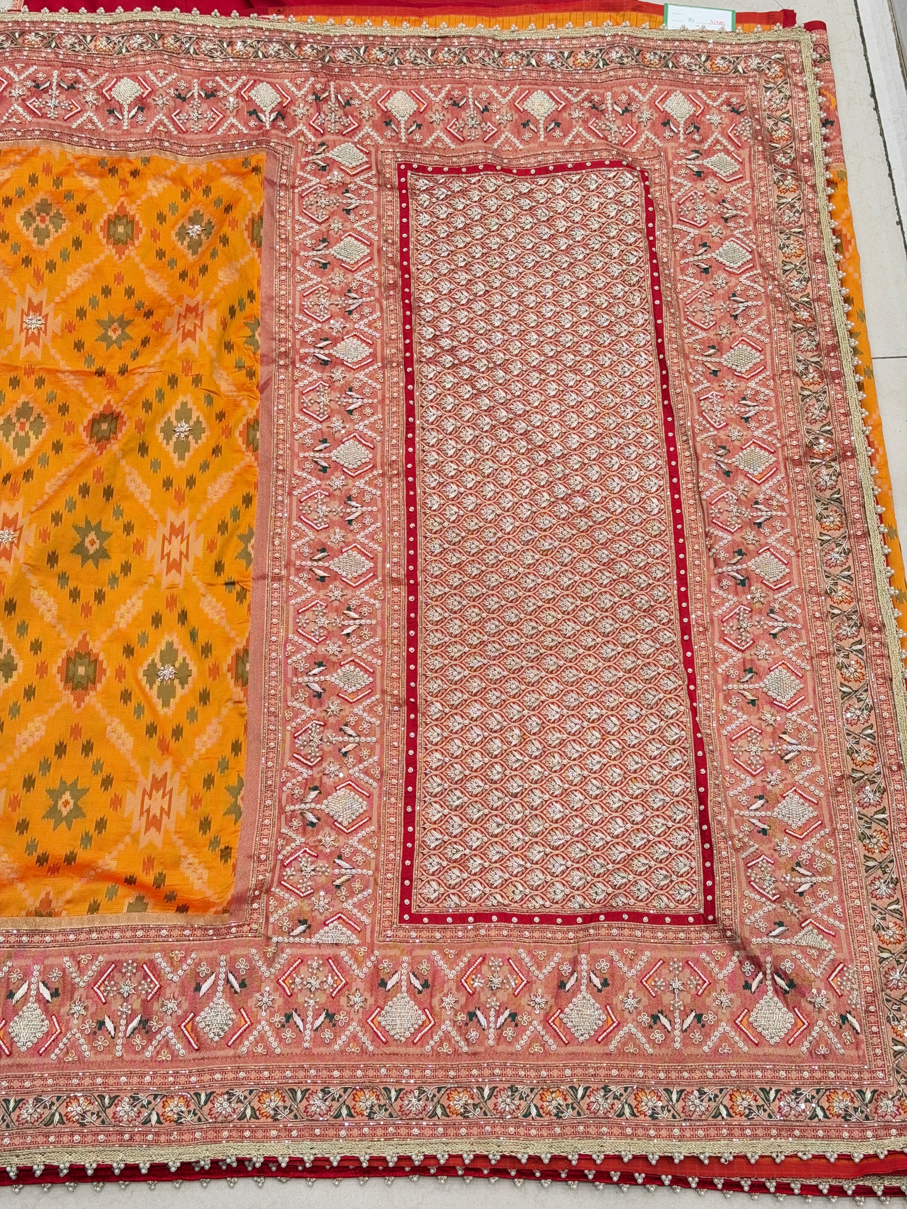 Orange Banarasi Patola Zardosi Hand Embroidery Moti Work Saree