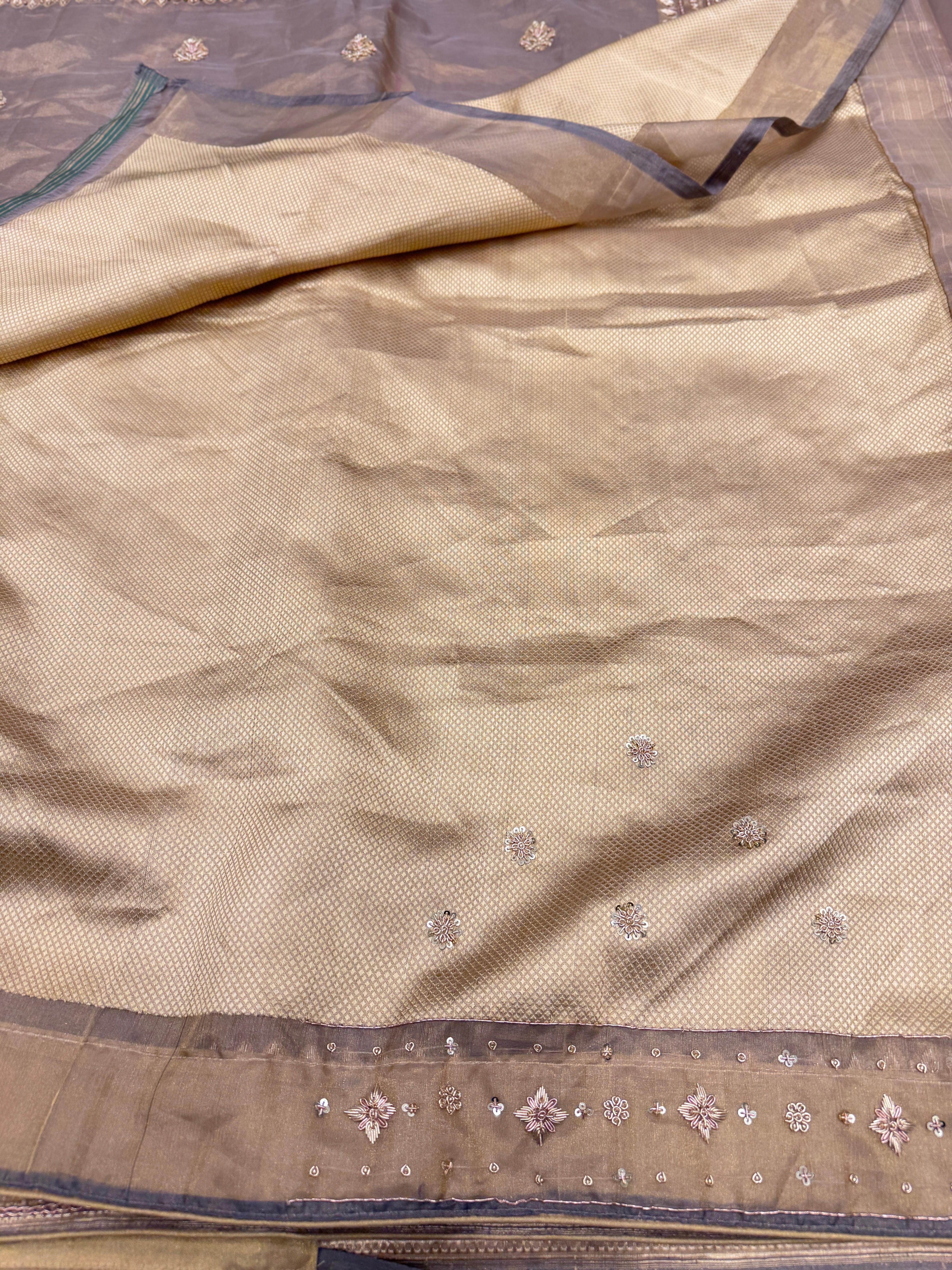 Champagne Meenakari Banarasi Tissue Handloom Kadwa Weave Zardosi Embroidery Saree