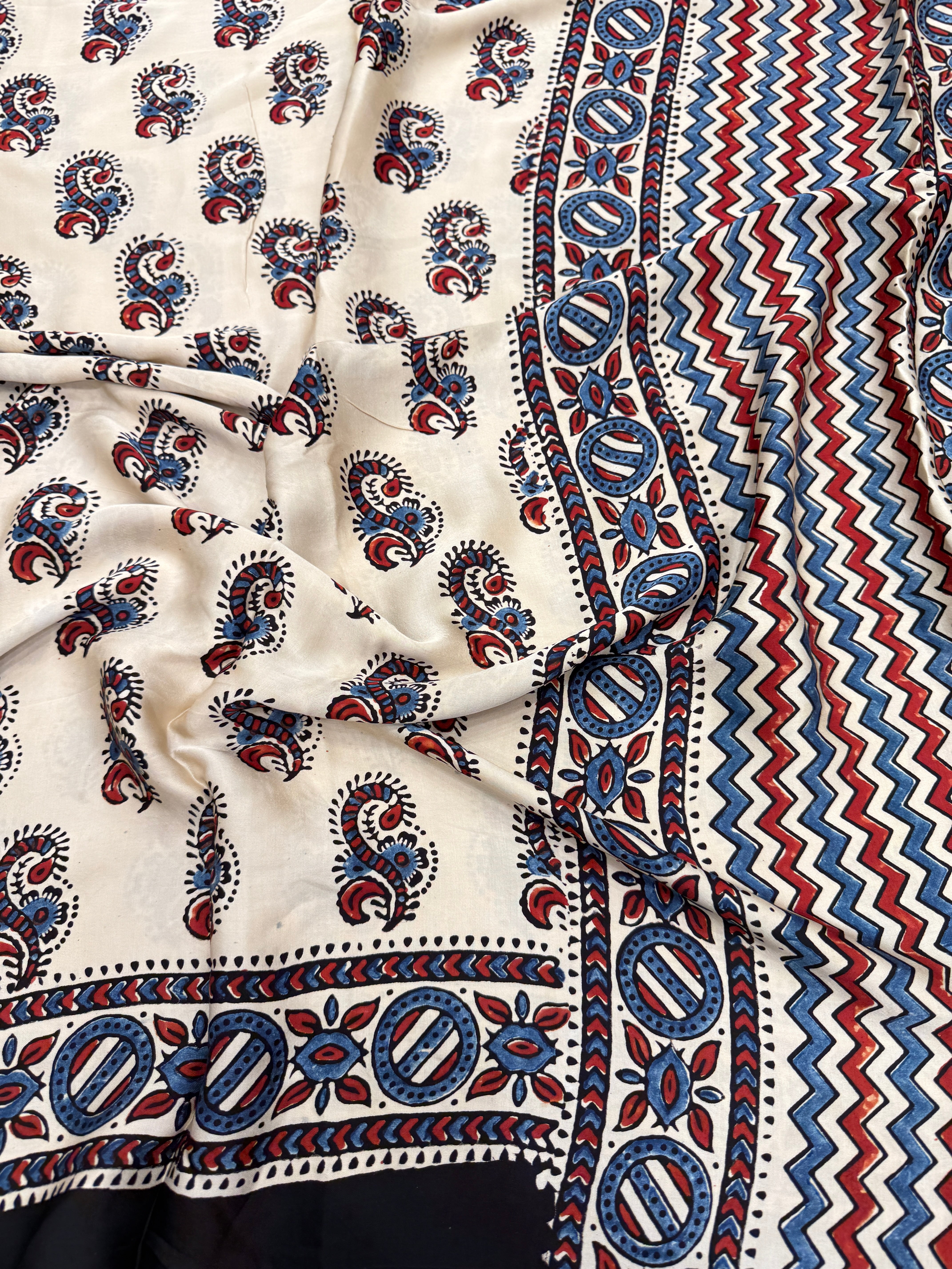 White Paisley Butti Ajrakh Hand Block Print Pure Gajji Silk Saree