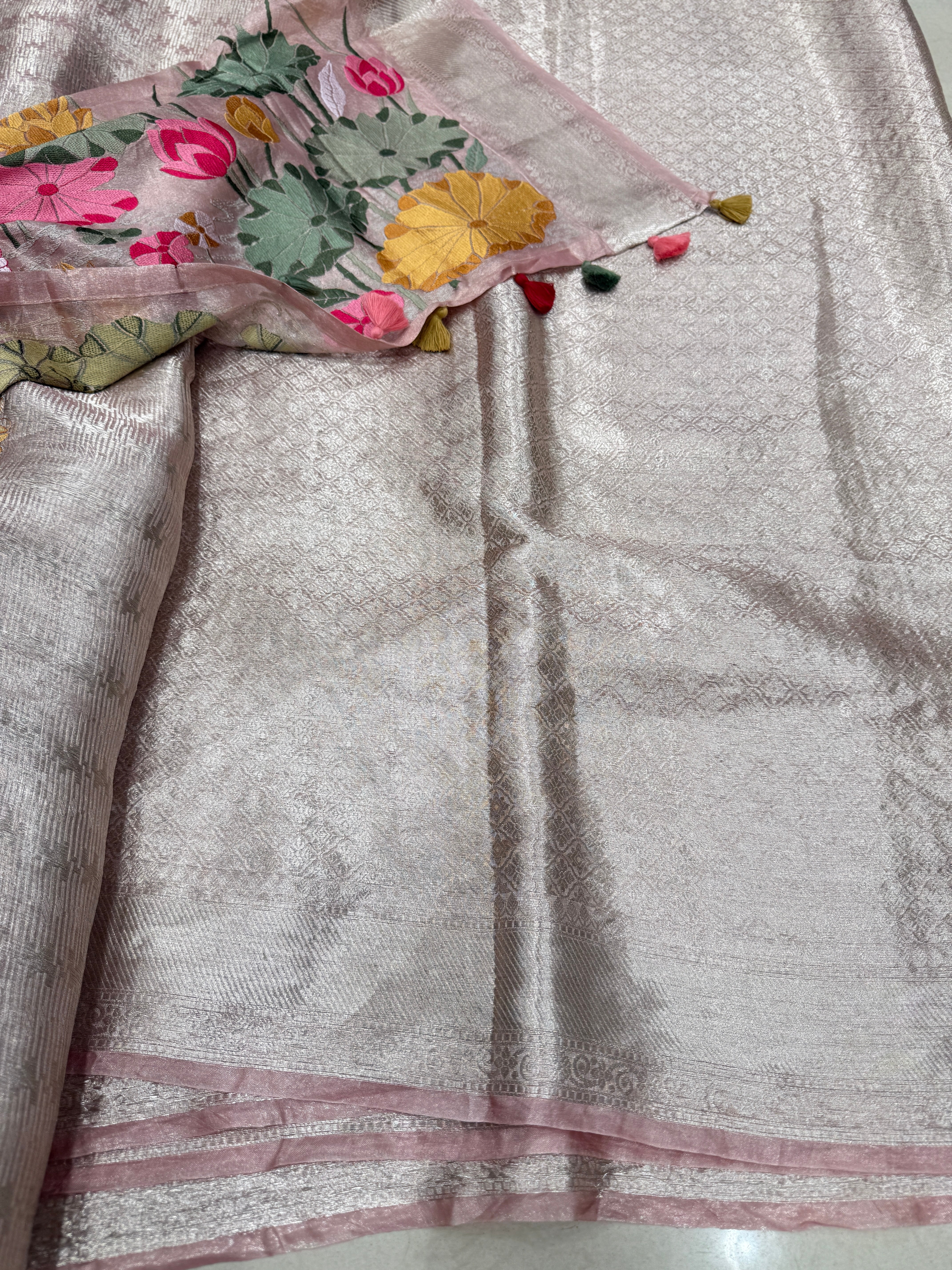 Nude Pink Silver Handloom Tissue Swans Contemporary Resham Embroidery Saree