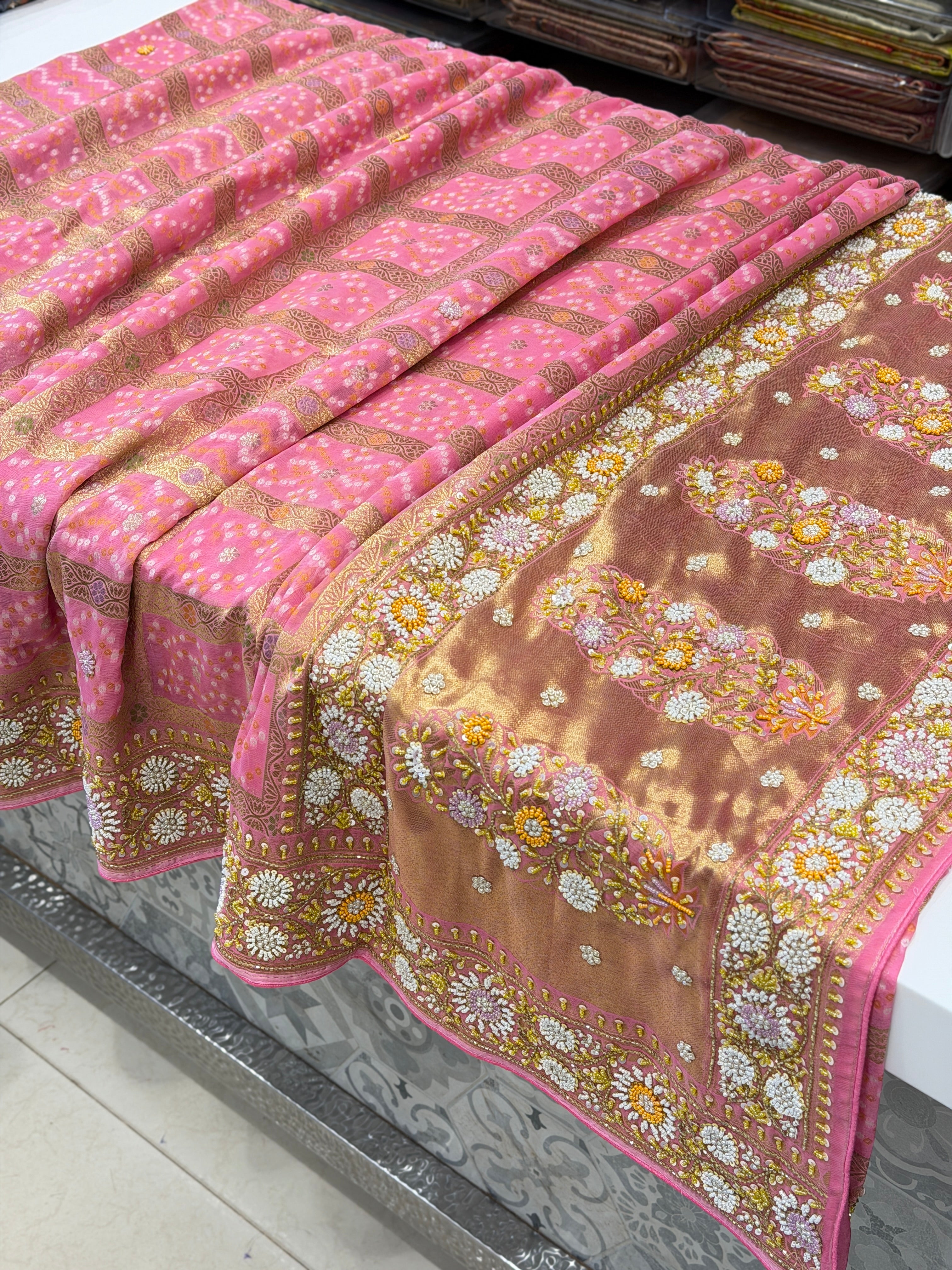 Pink Gharchola without Figures Moti Sequin Zardosi Hand Embroidery Georgette Saree