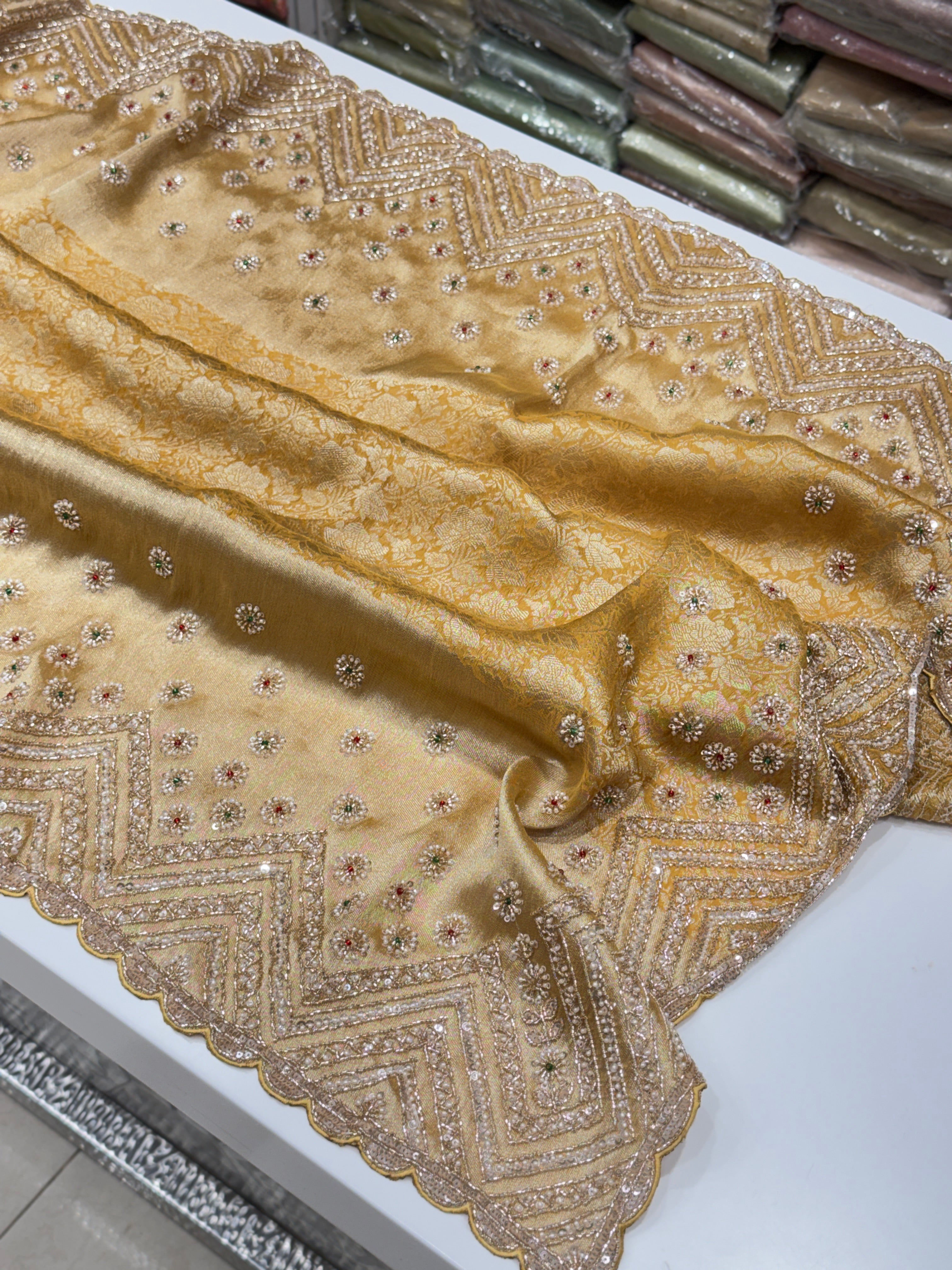 Yellow Floral Weave Soft Silk Moti Crystal Embroidery Saree