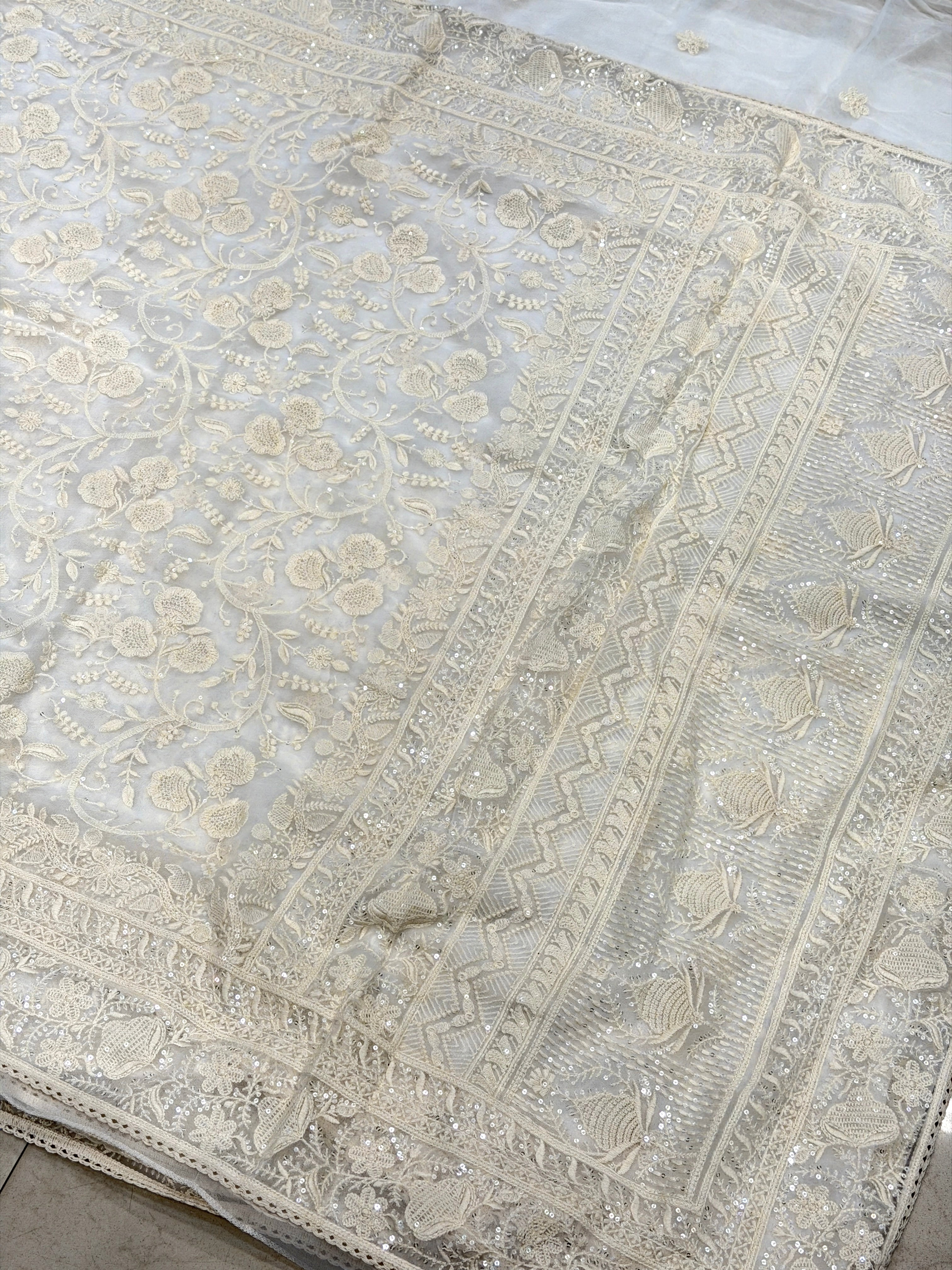 White Chikankari Georgette Jaal Resham Sequin Embroidery Saree