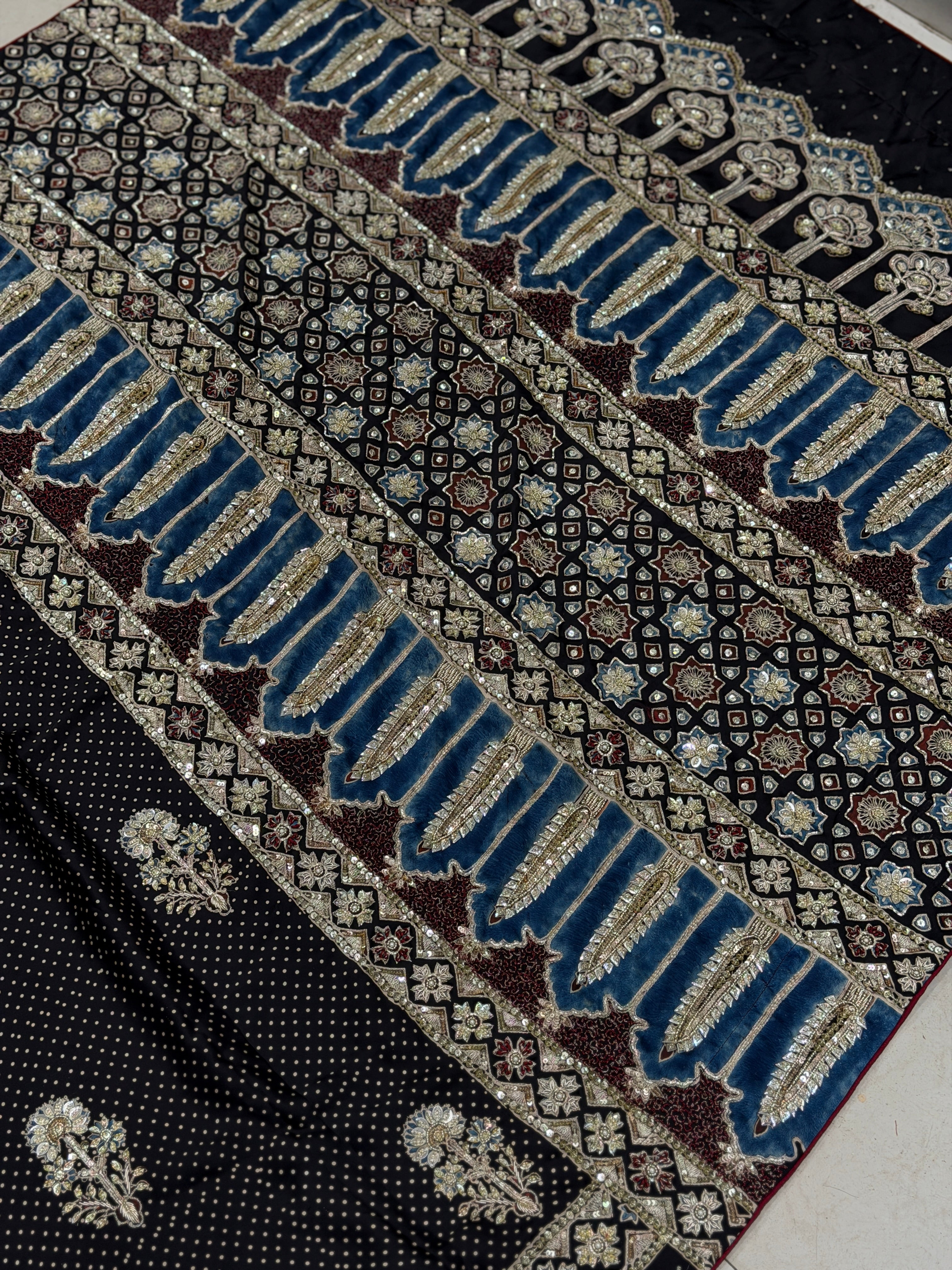 Black Buttas Pita Zardosi Sequin Ajrakh Hand Embroidery Saree