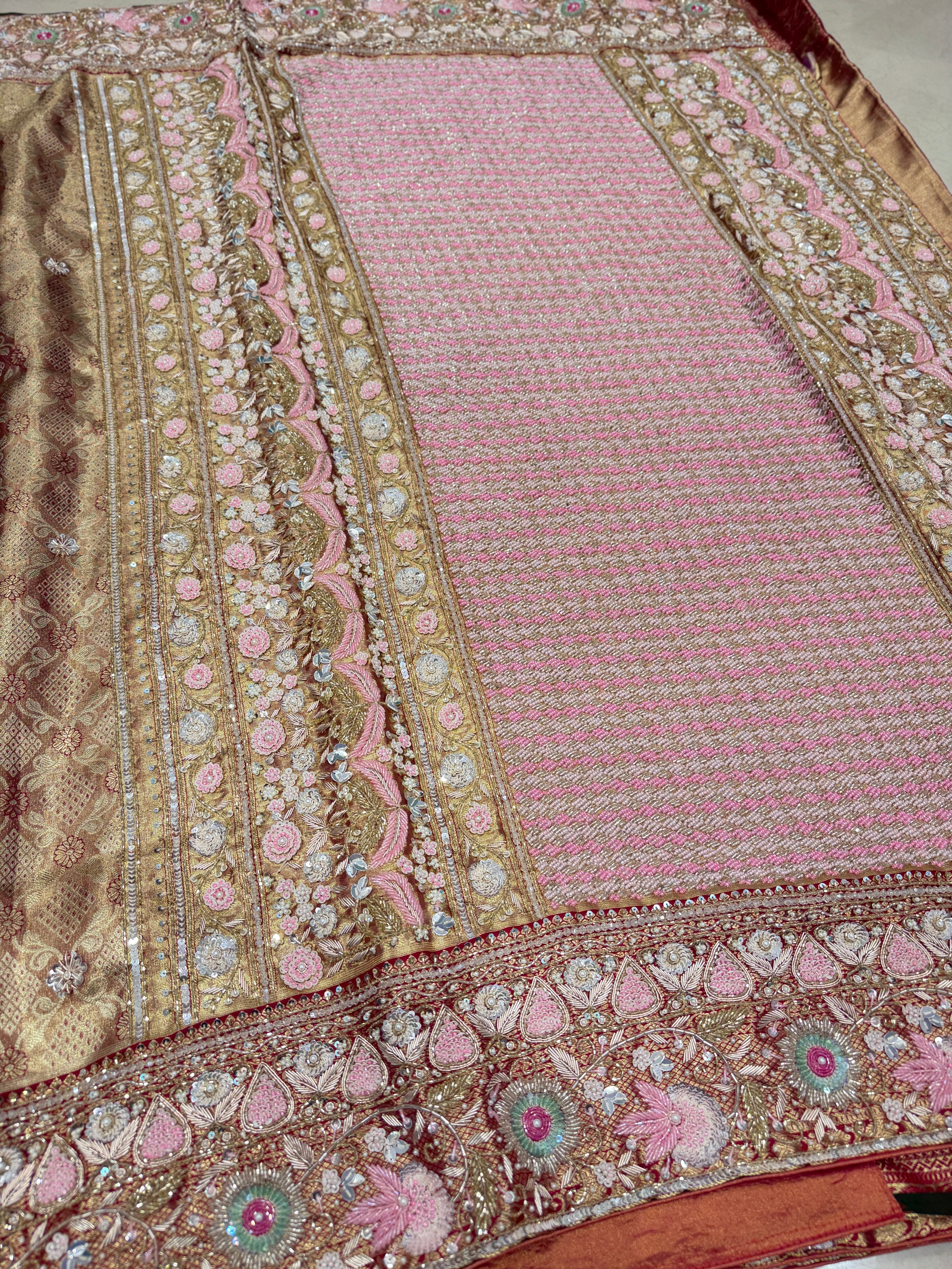 Red Tissue Kanjivaram Hand Embroidery Zardosi Moti Saree