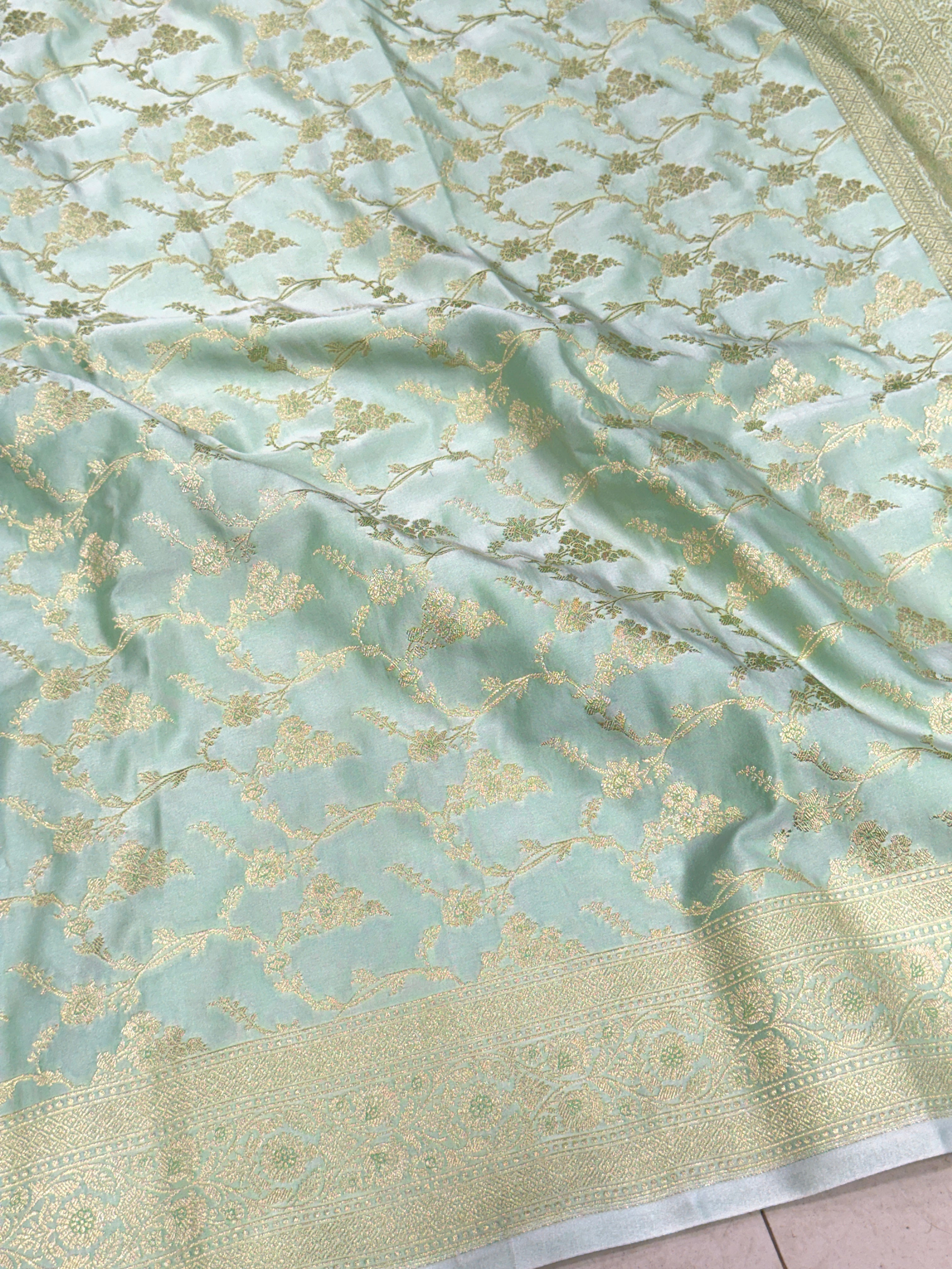 Pista Green Jasmine Jaal Banarasi Silk Saree