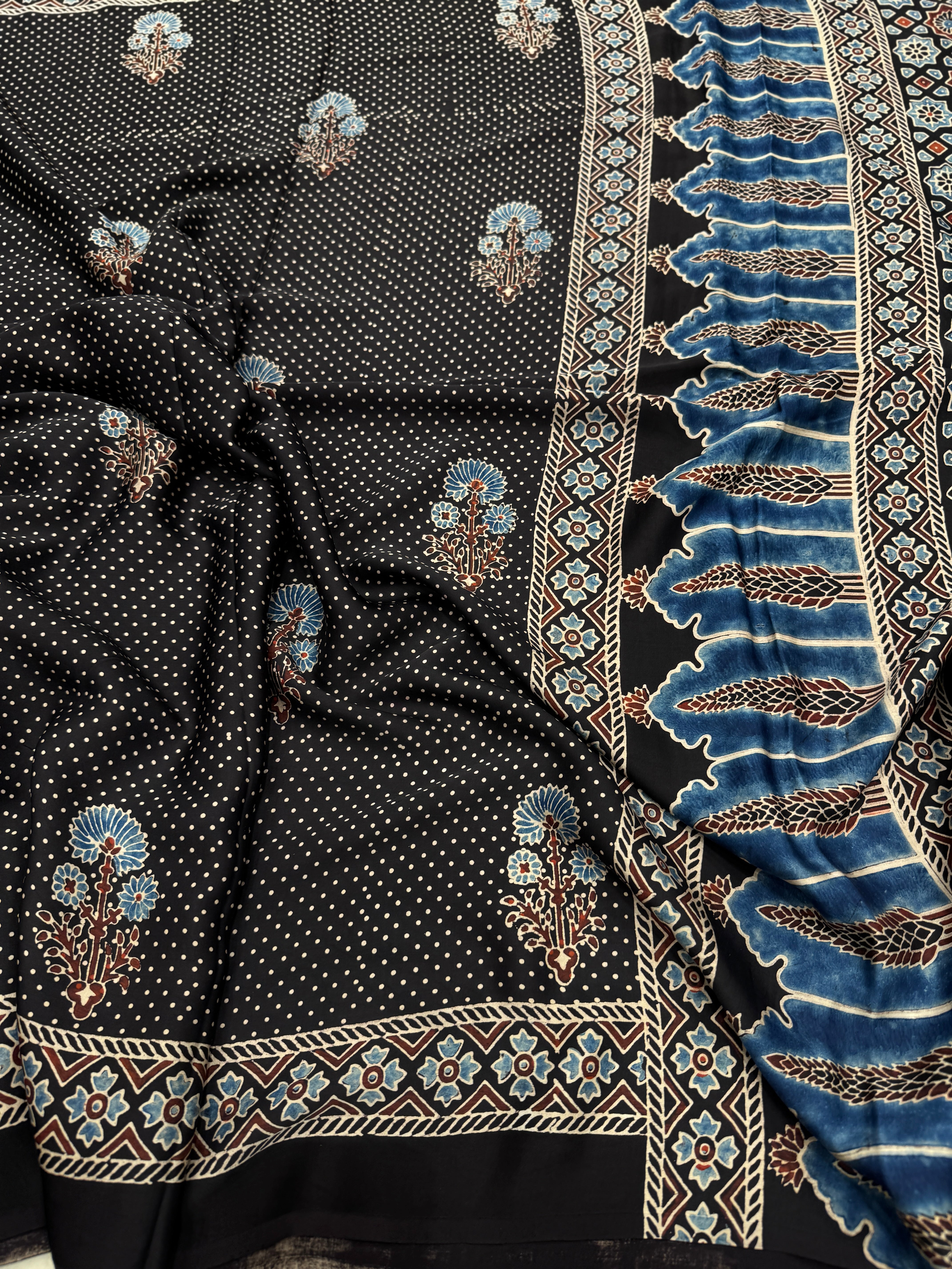 Black Floral Butti Dot Ajrakh Hand Block Print Pure Gajji Silk Saree