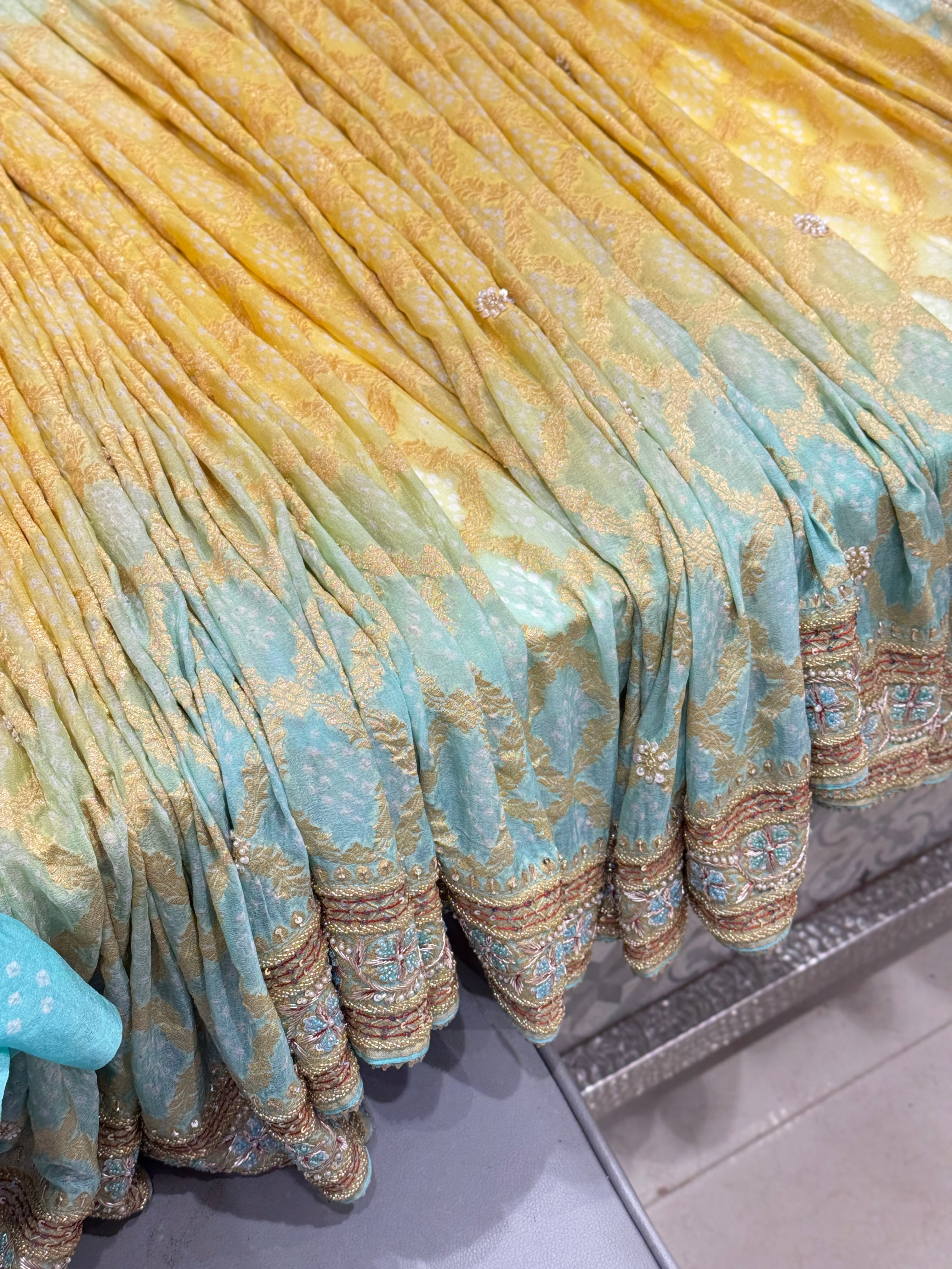 Pastel Shaded Bandhej Hand Embroidery Saree
