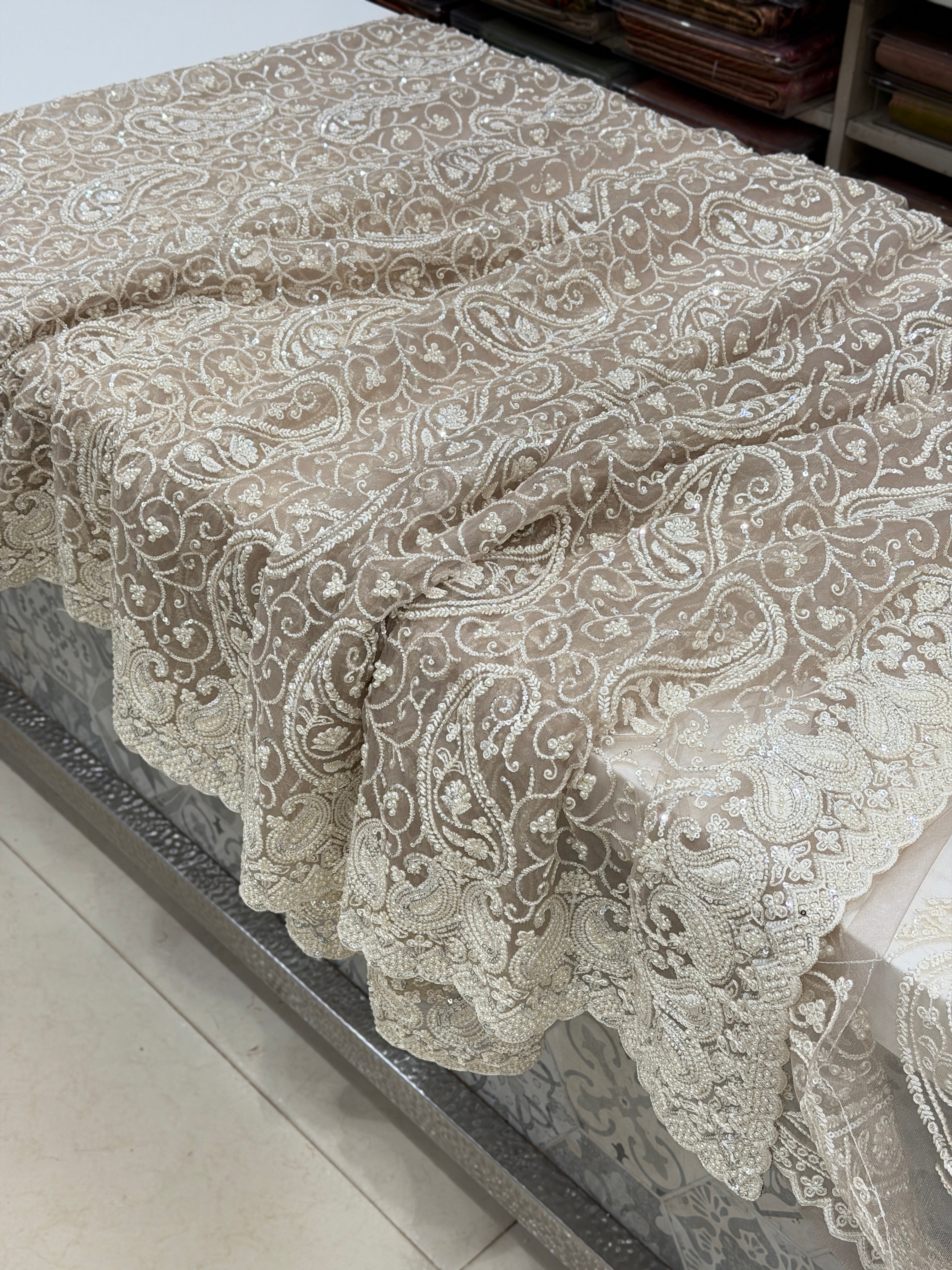 Champagne Keri Jaal Net Resham Moti Embroidery Soft Saree