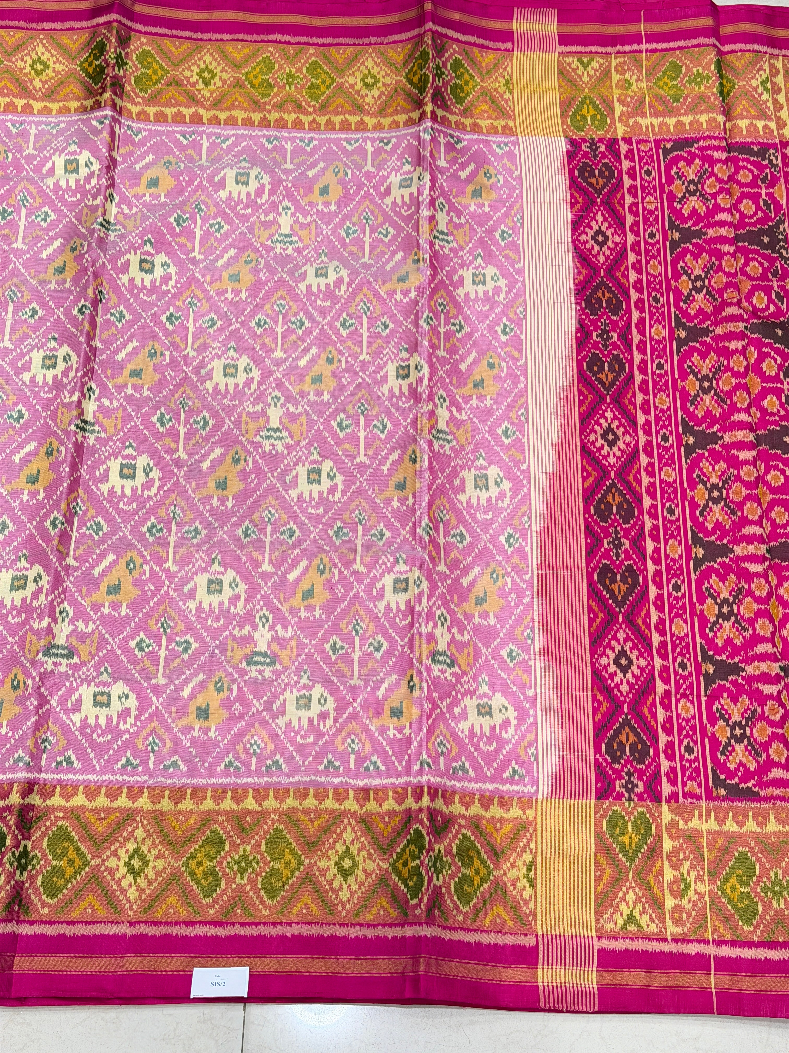 White Pink Elephant Chabdi Handloom Rajot Ikat Patola Silk Saree