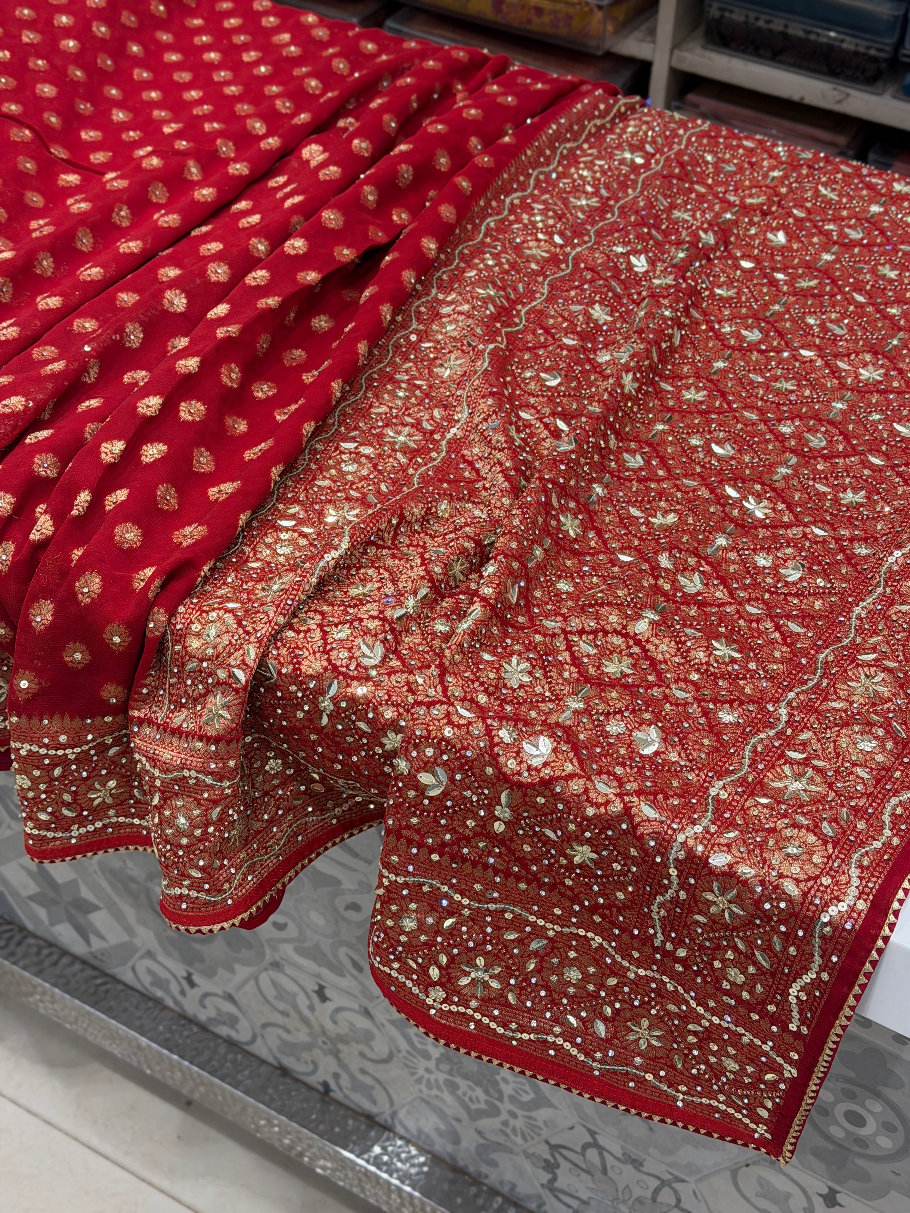 Red Banarasi Khaddi Georgette Butti Sequin Hand Embroidery Saree