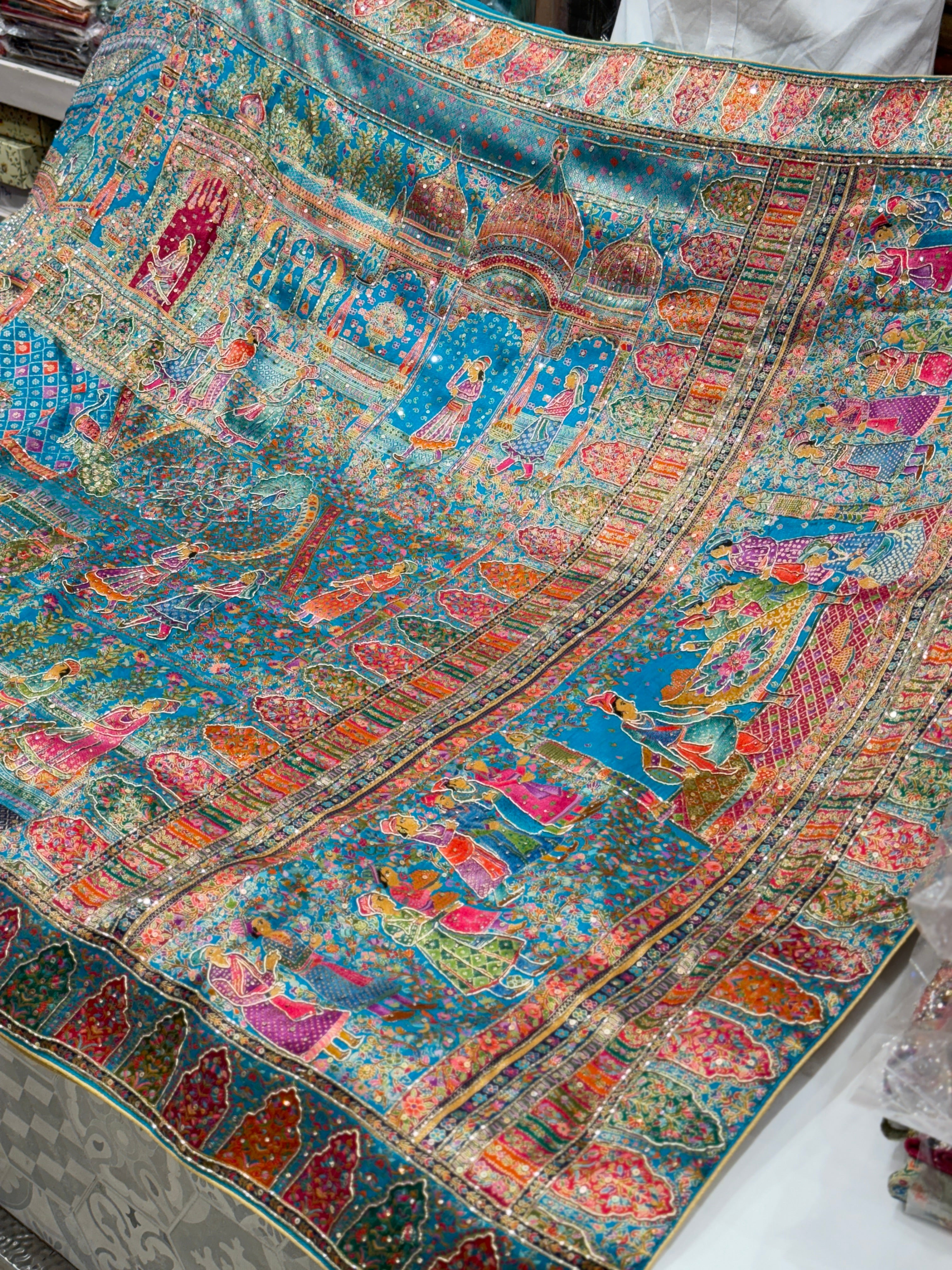 Firozi Blue Darbar Pashmina Style Weave with Hand Embroidery