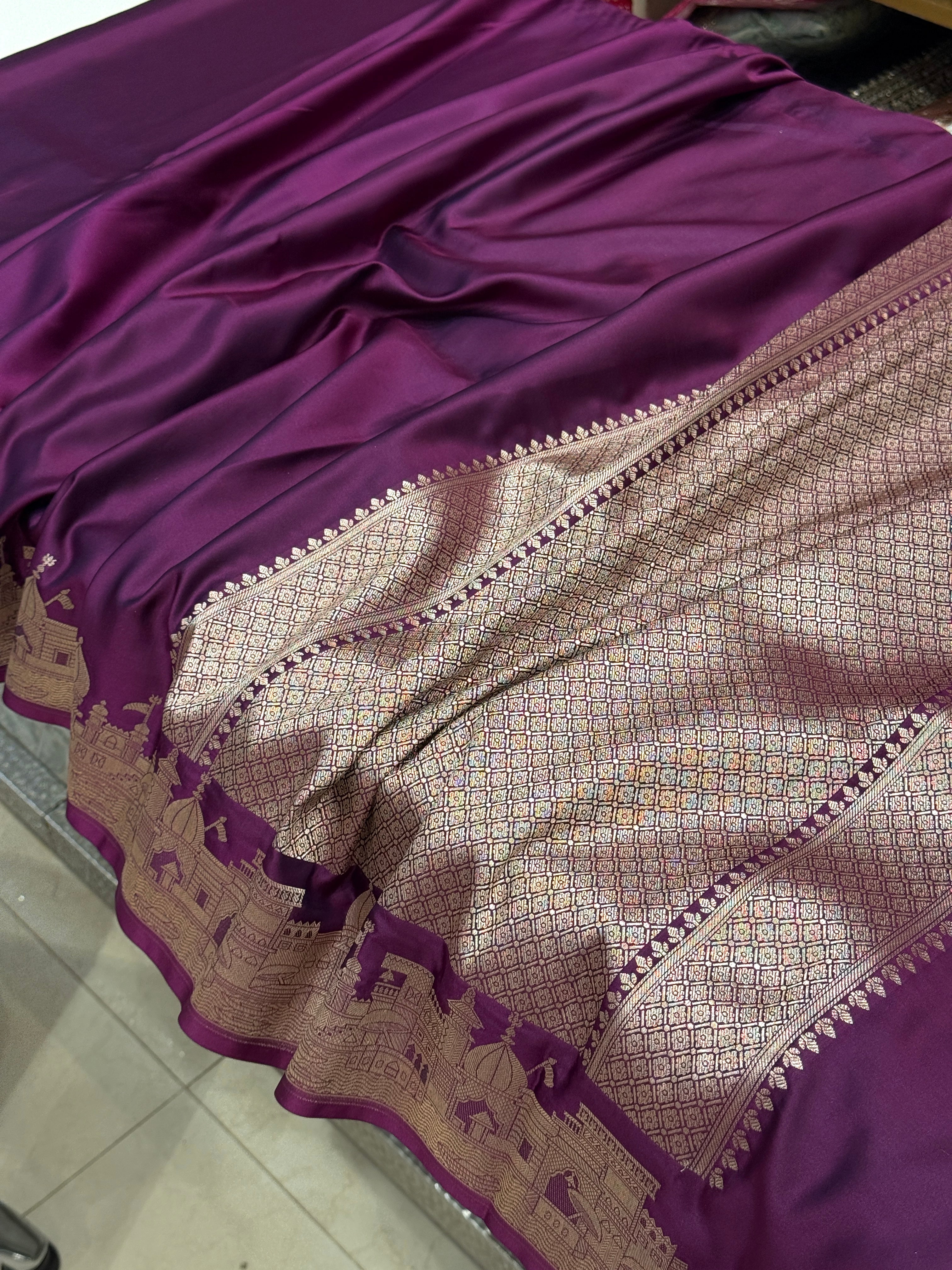 Wine Banarasi Silk Ganga Ghat Border Saree
