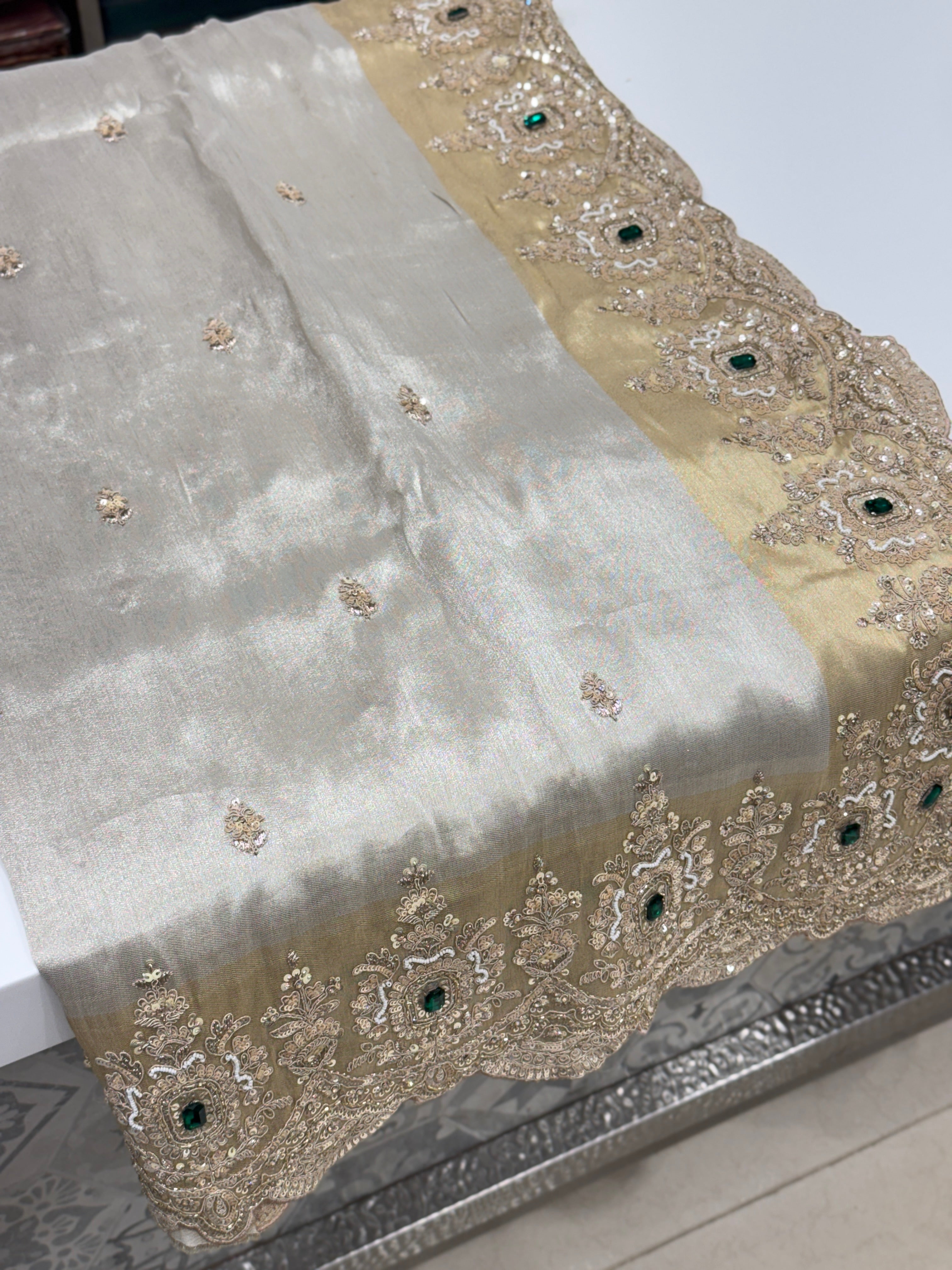 Golden Silver Soft Tissue Moti Crystal Embroidery Saree