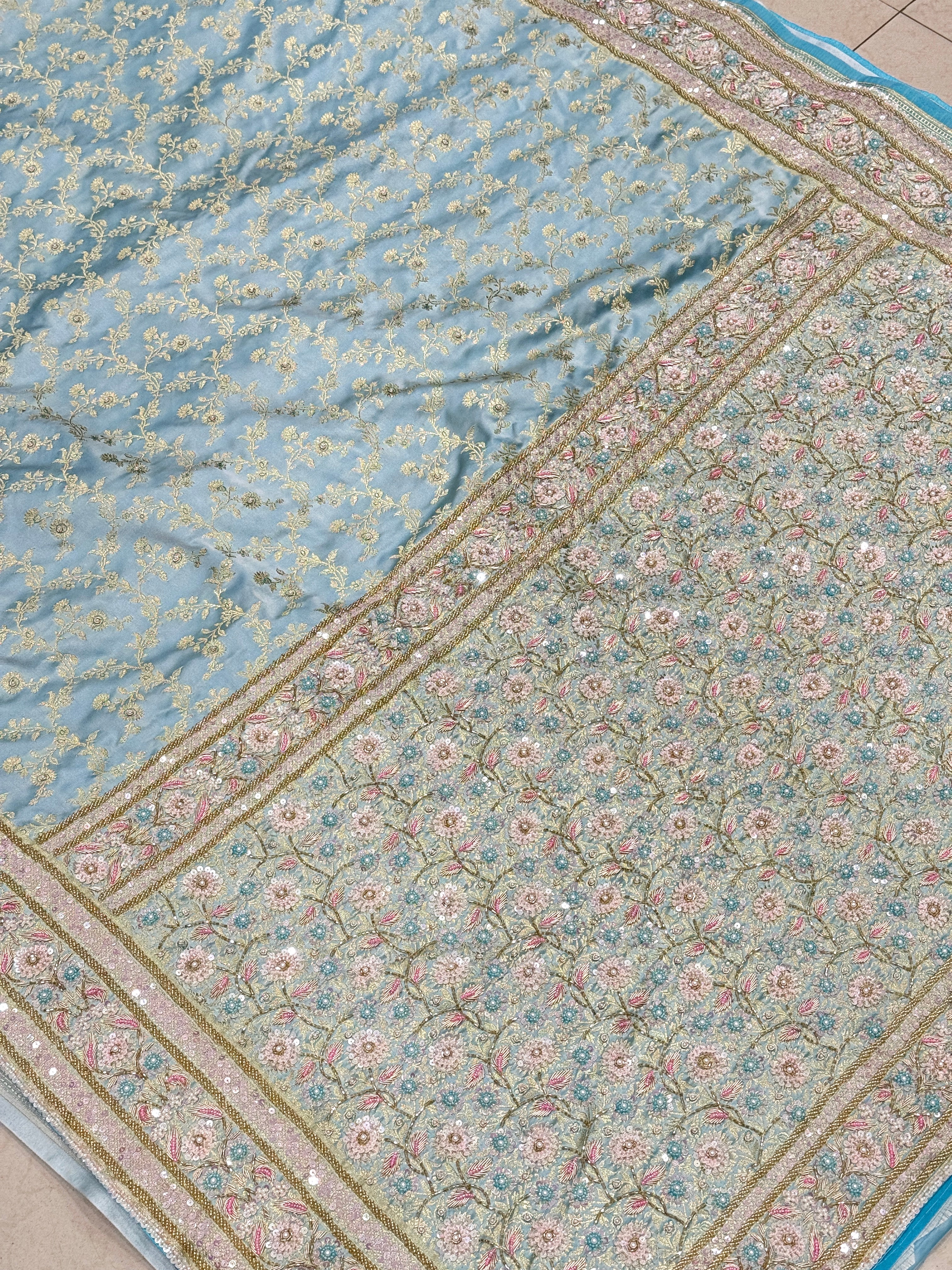 Light Blue Banarasi Flower Border Moti Hand Embroidery Saree