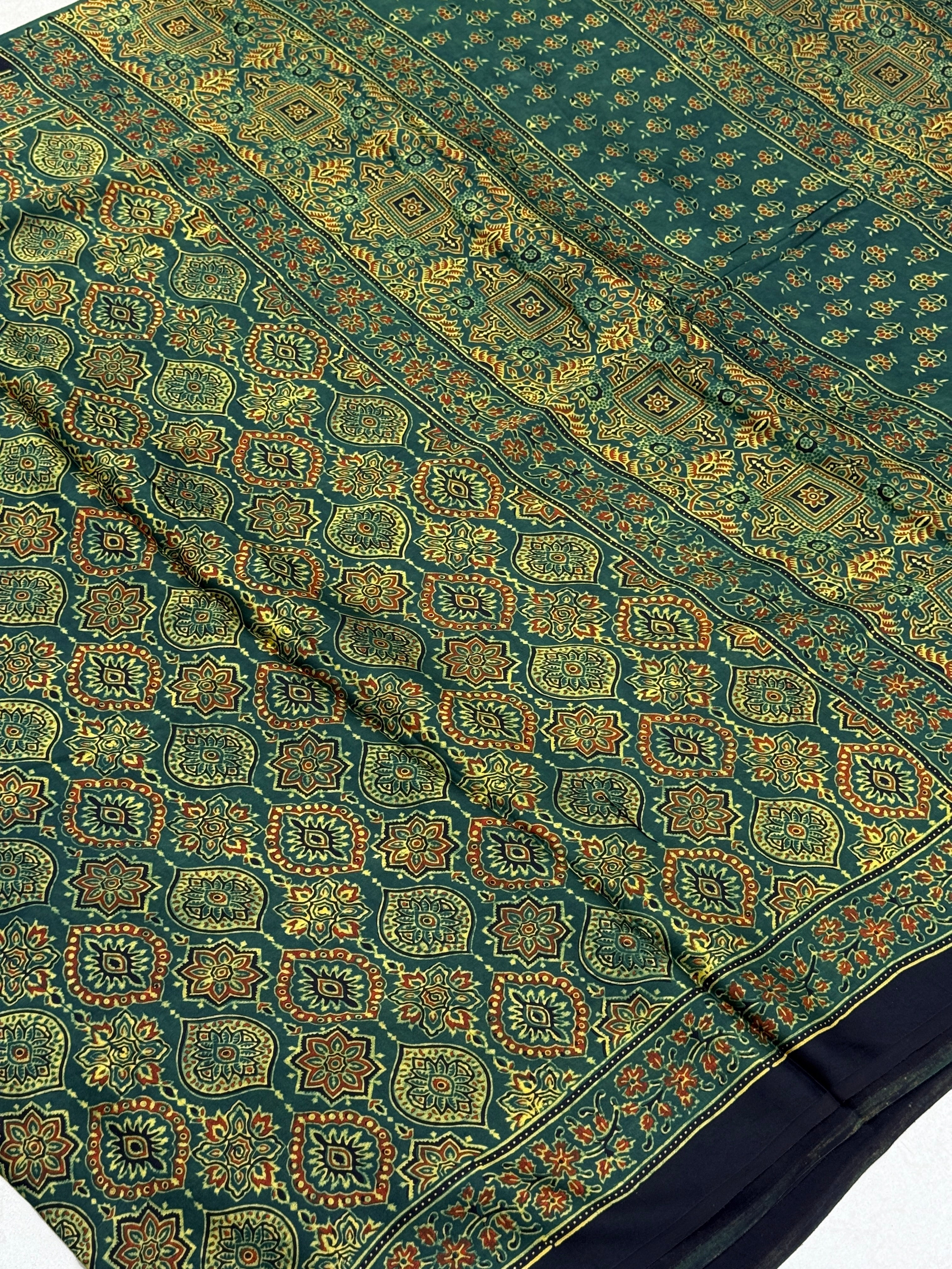 Green Badam Butti Ajrakh Hand Block Print Pure Gajji Silk Saree