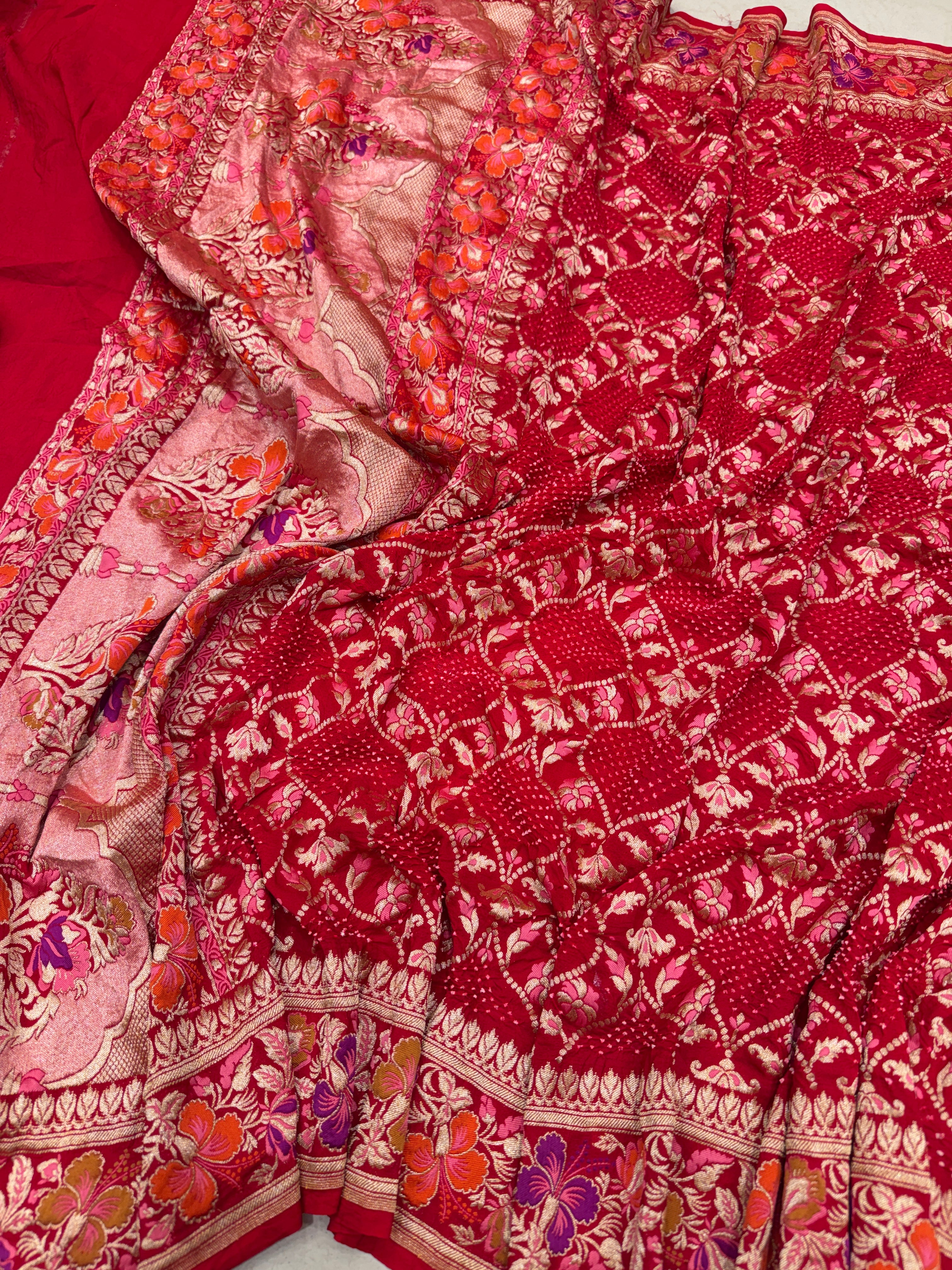 Red Meenakari Badam Jaal Rai Bandhej Georgette Dupatta