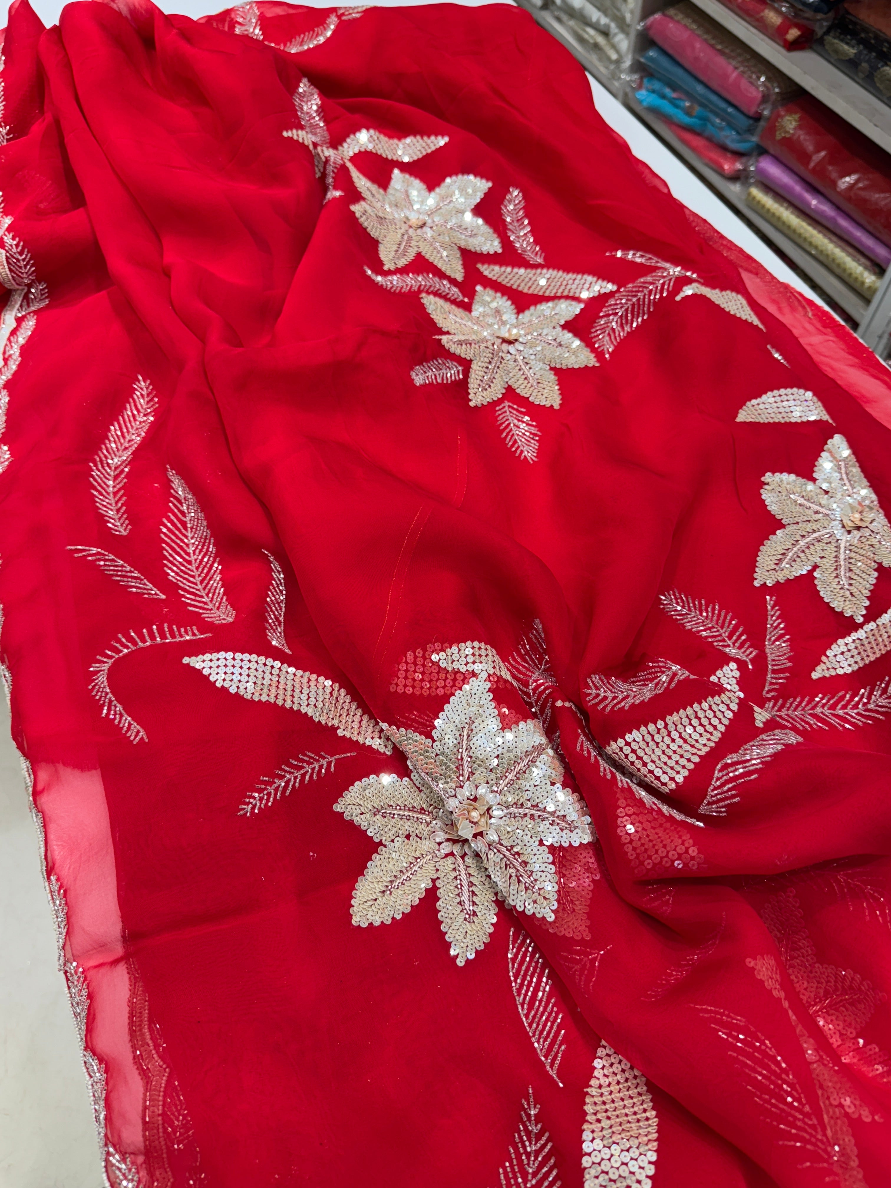 Red Satin Organza Floral Embroidery Saree