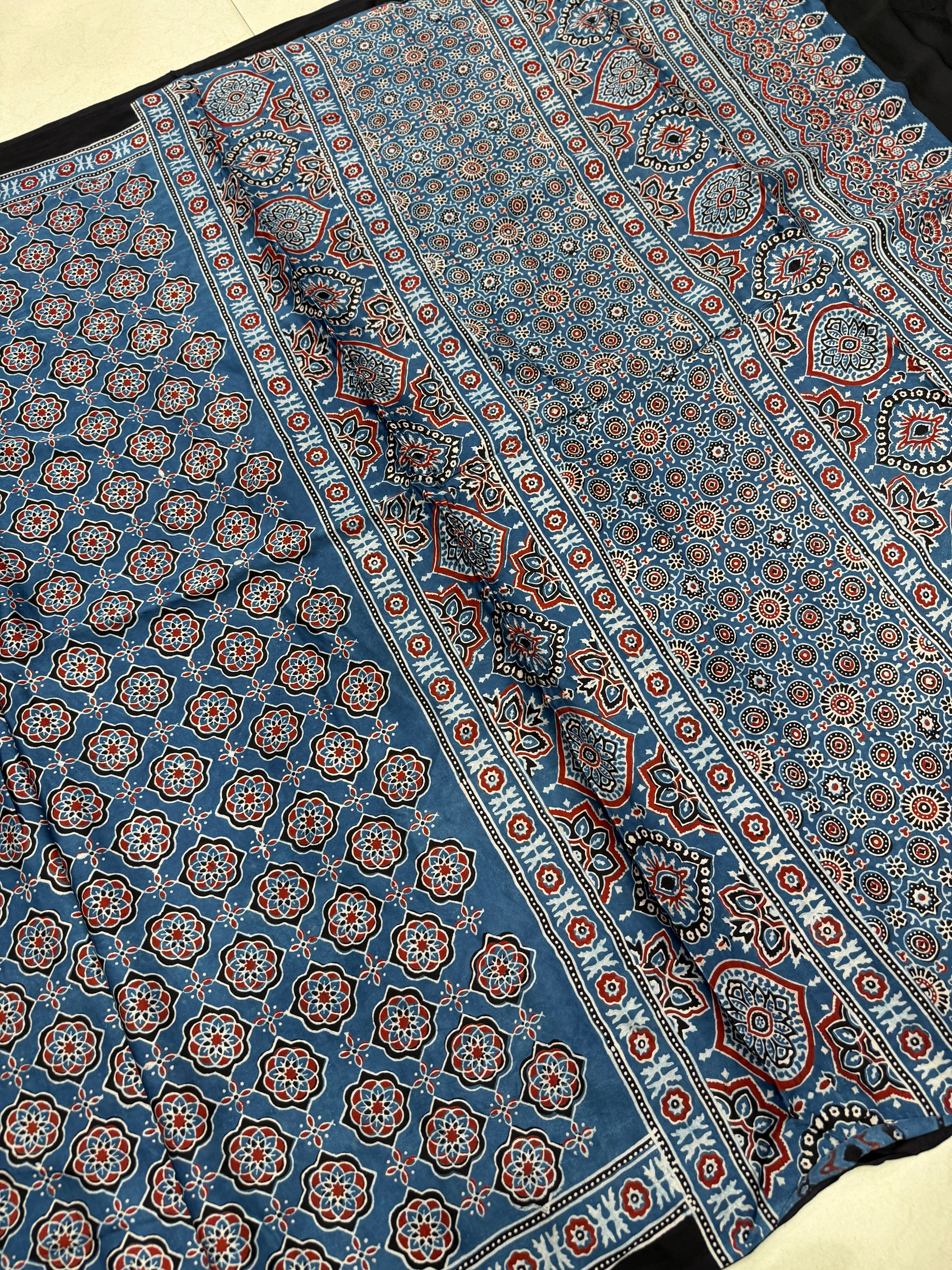 Blue Jaal Ajrakh Hand Block Print Pure Gajji Silk Saree