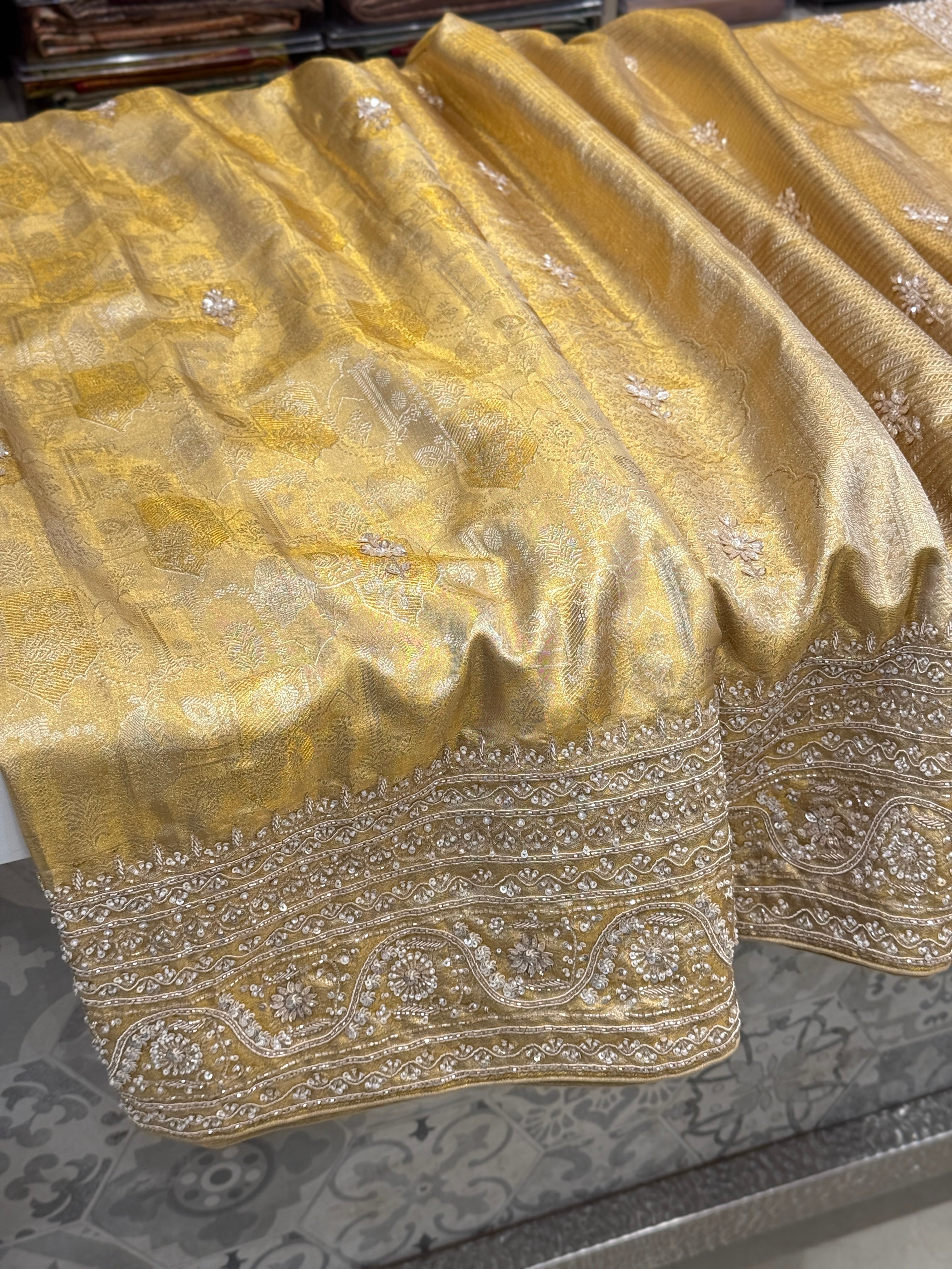 Gold Tissue Zardosi Moti Kanjivaram Hand Embroidery Saree
