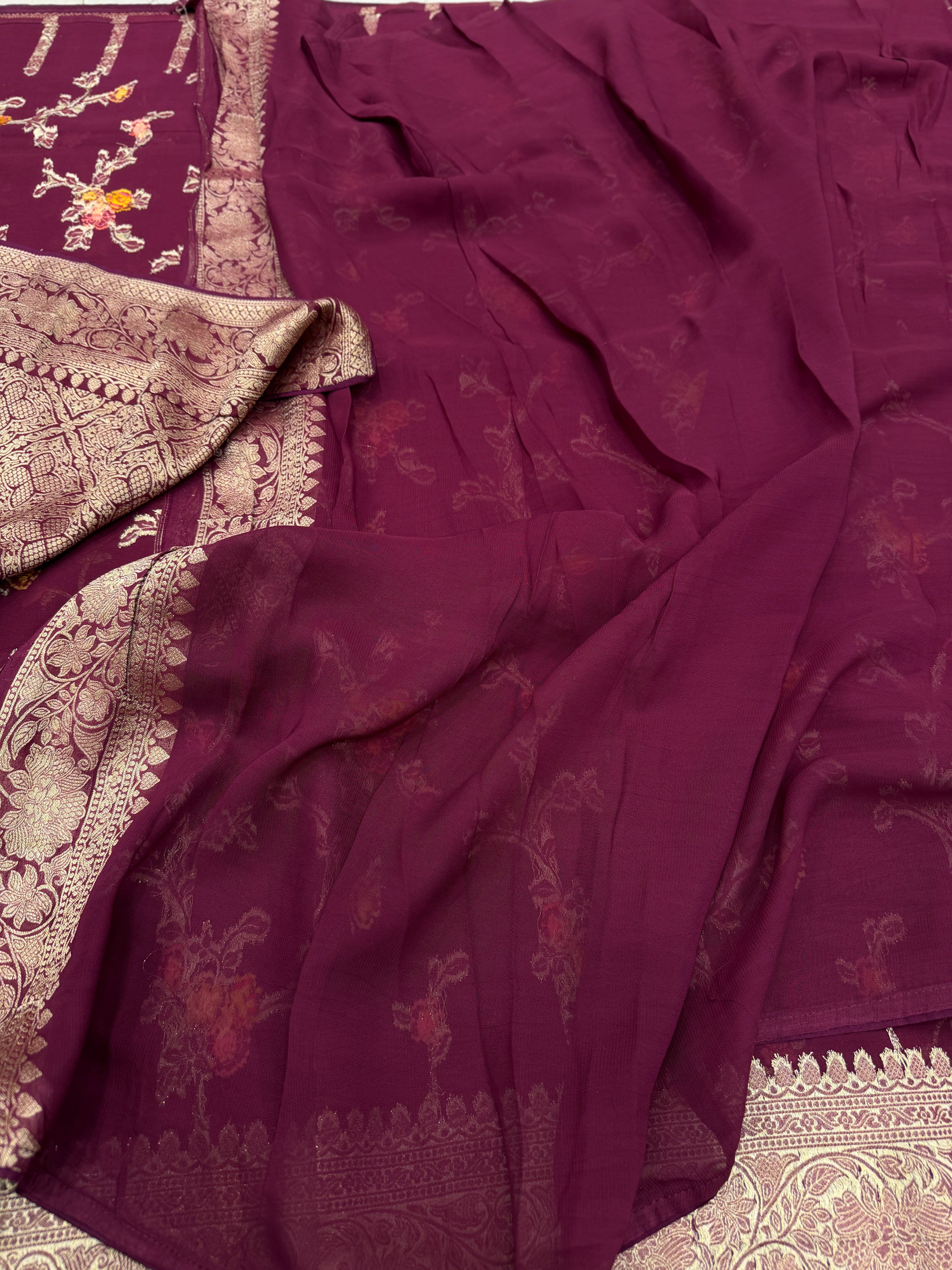 Wine Meenakari Banarasi Khaddi Georgette Jaal Saree