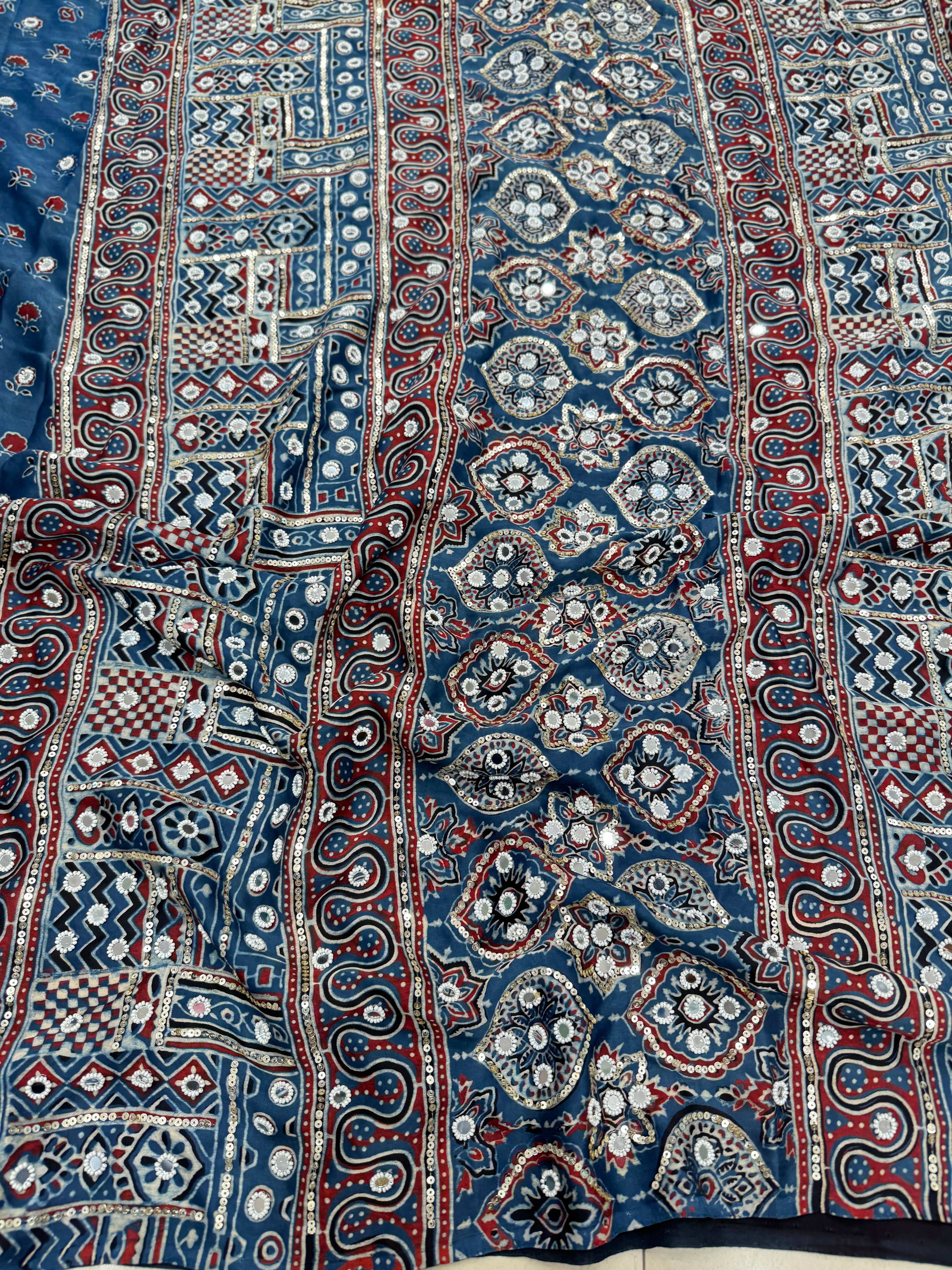 Blue Ajrakh Buttis Sequin Mirror Moti Hand Embroidery Saree