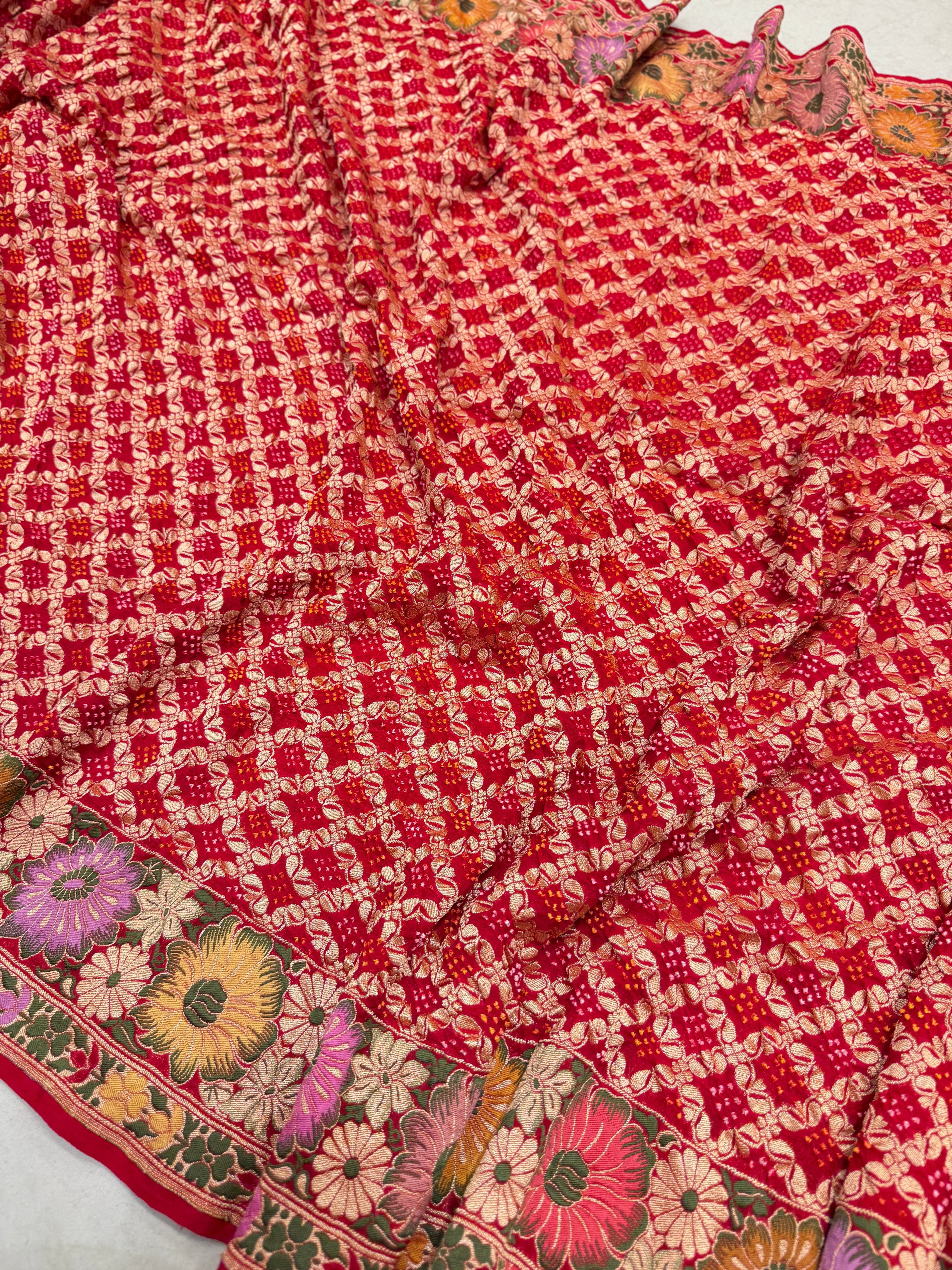 Red Meenakari Double Floral Rai Bandhej Georgette Bandhini Saree