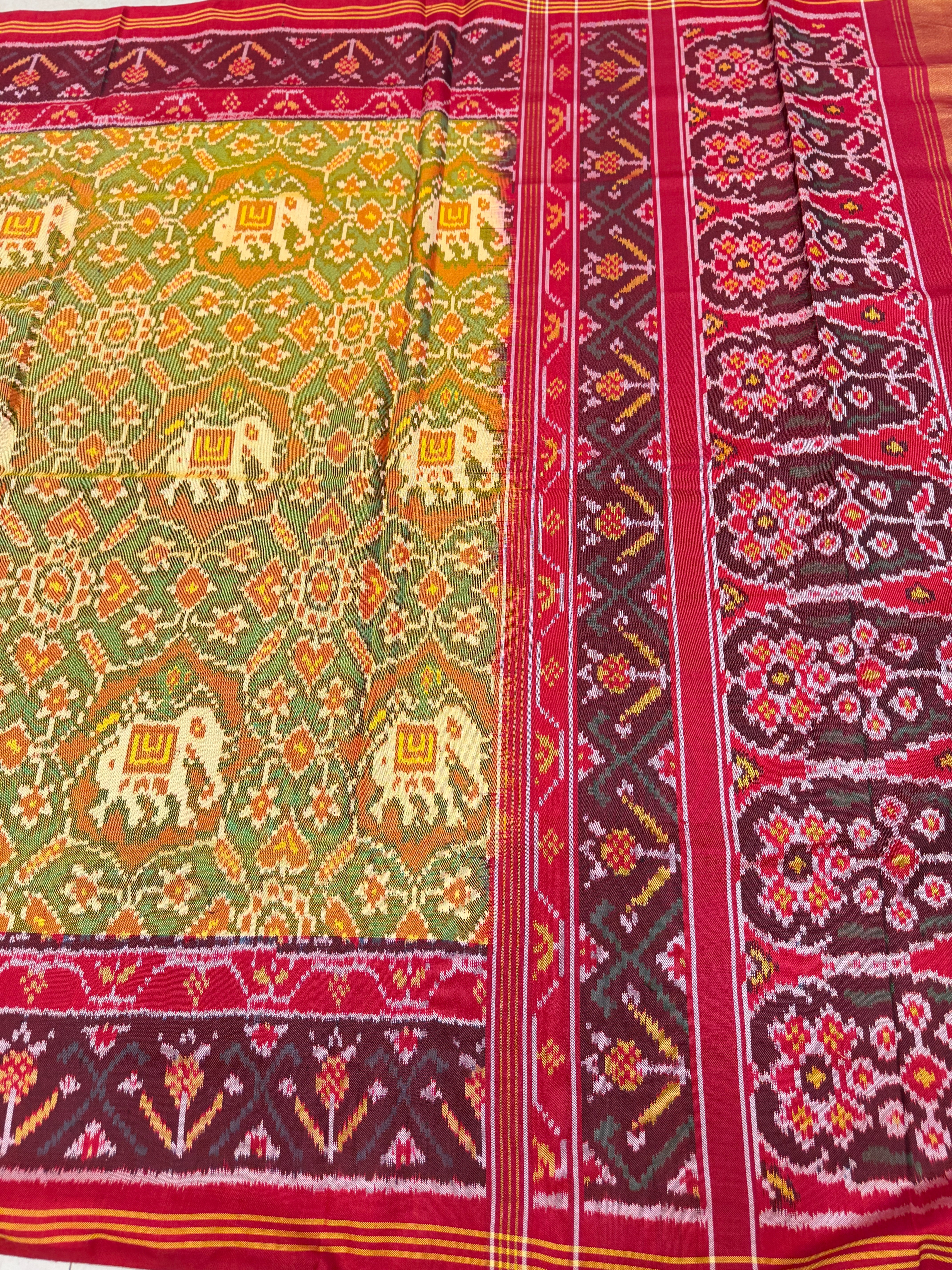 Yellow Red Navratna With Elephant Motifs Patan Patola Handloom Saree