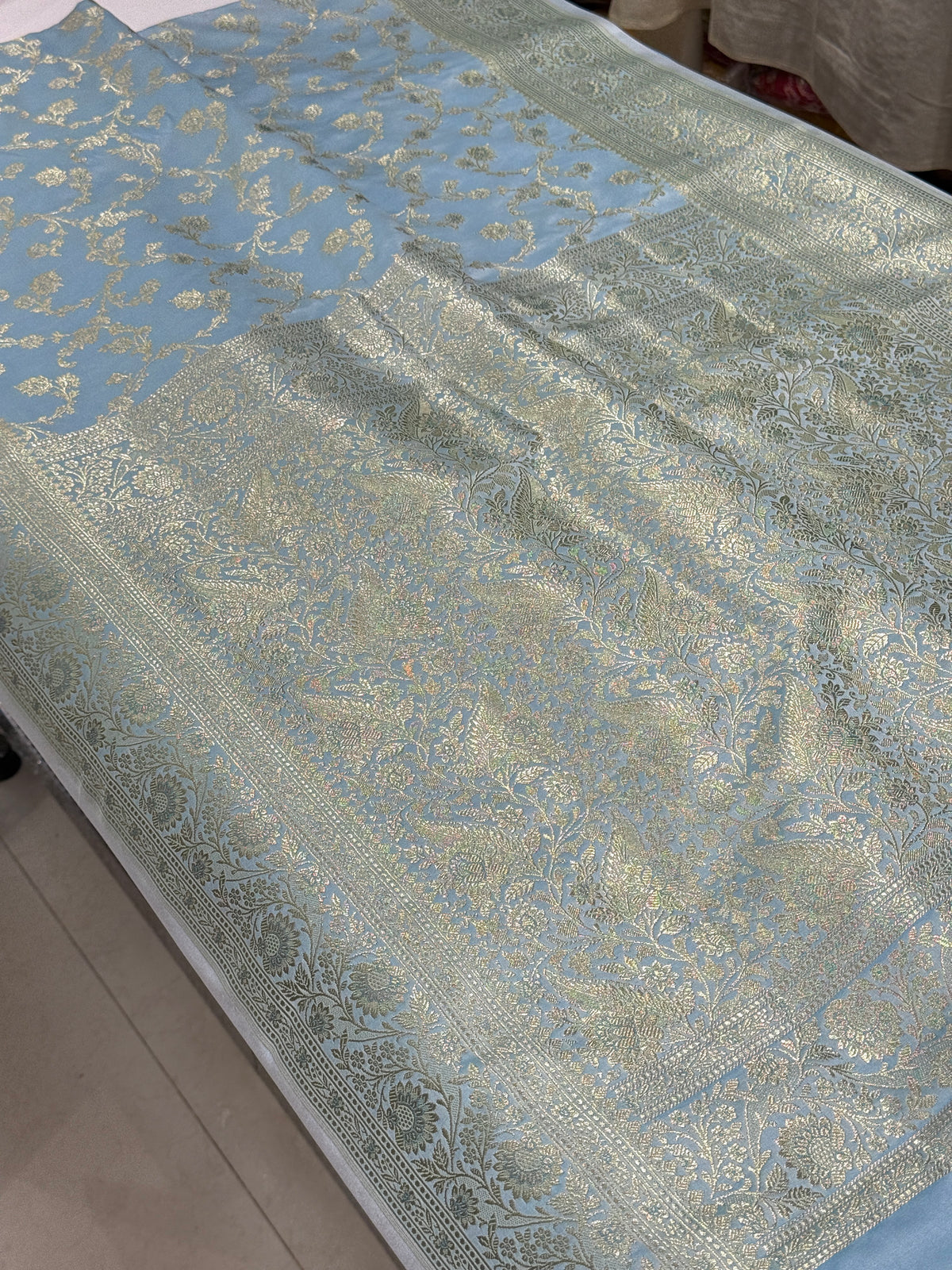 Light Blue Banarasi Silk Upside Down Border Saree
