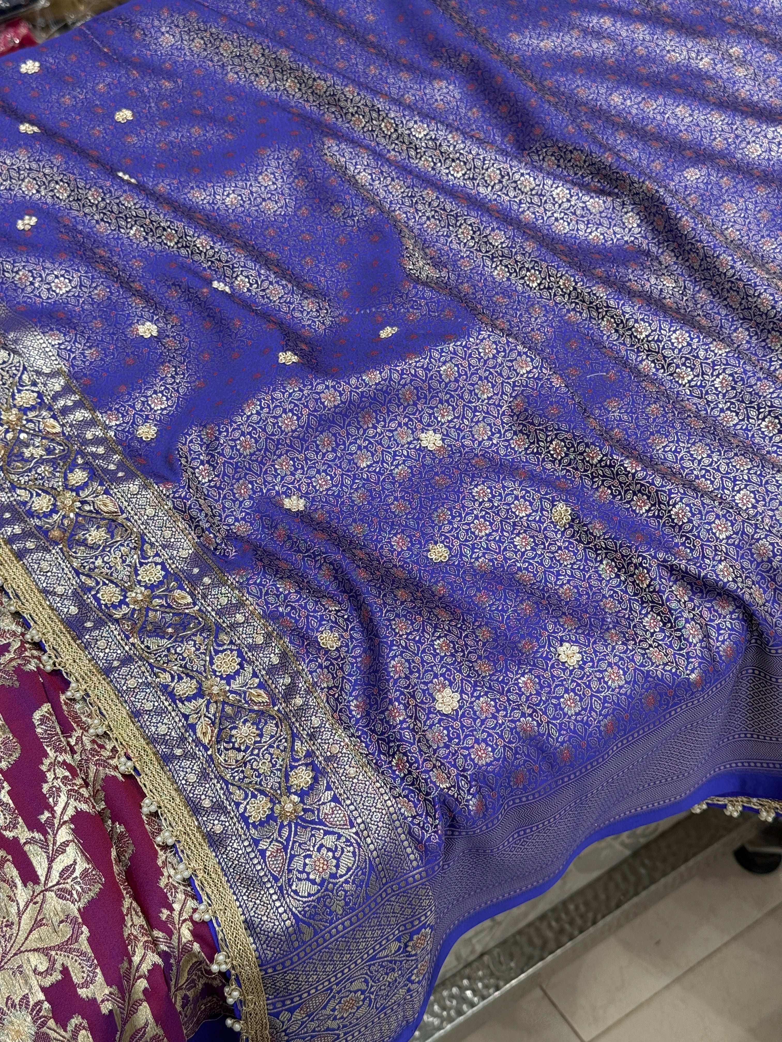 Blueish Purple Banarasi Silk Dhup Chav Hand Embroidery Zardosi Saree