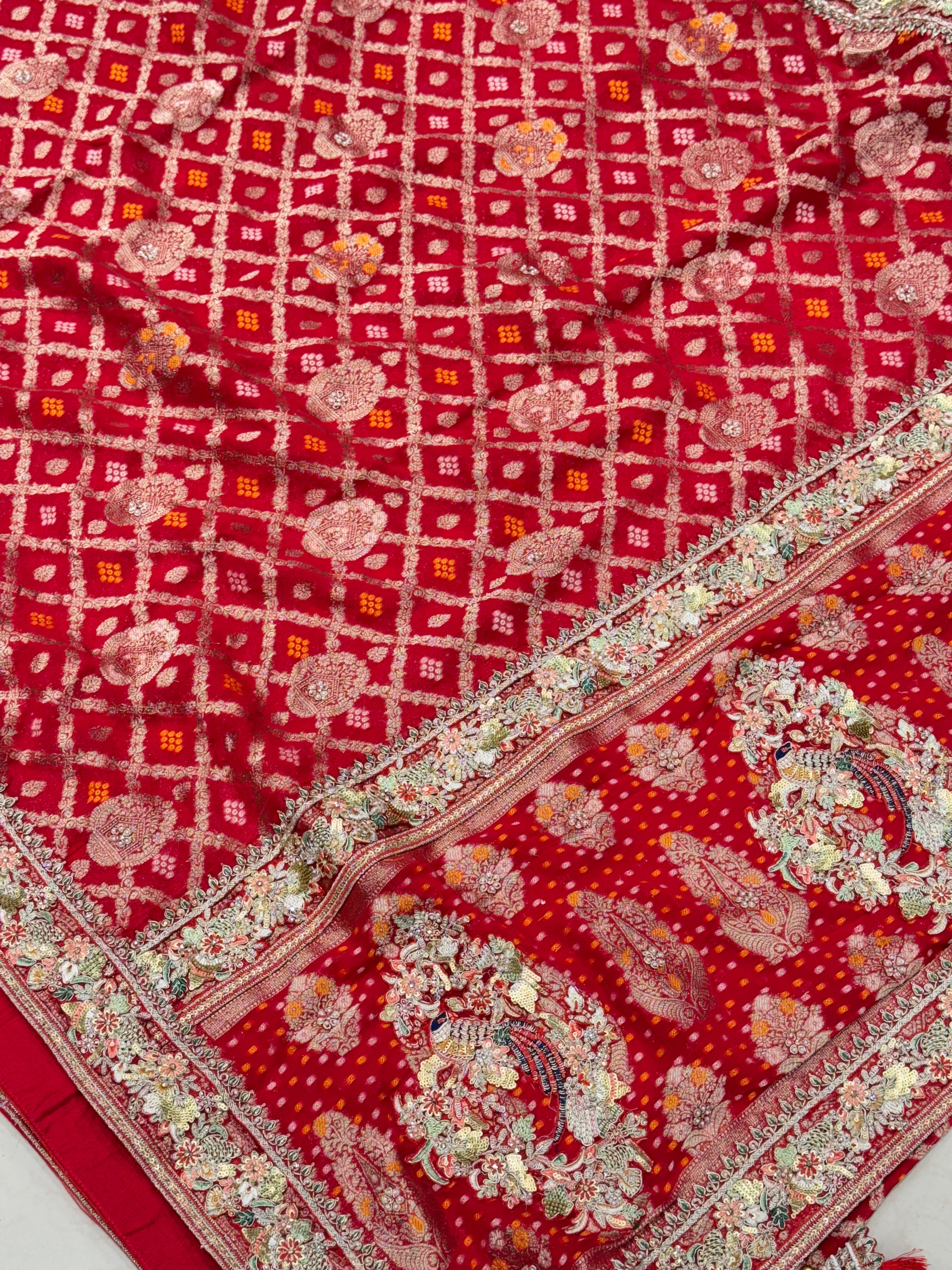 Red Gharchola Floral Embroidered Border Saree