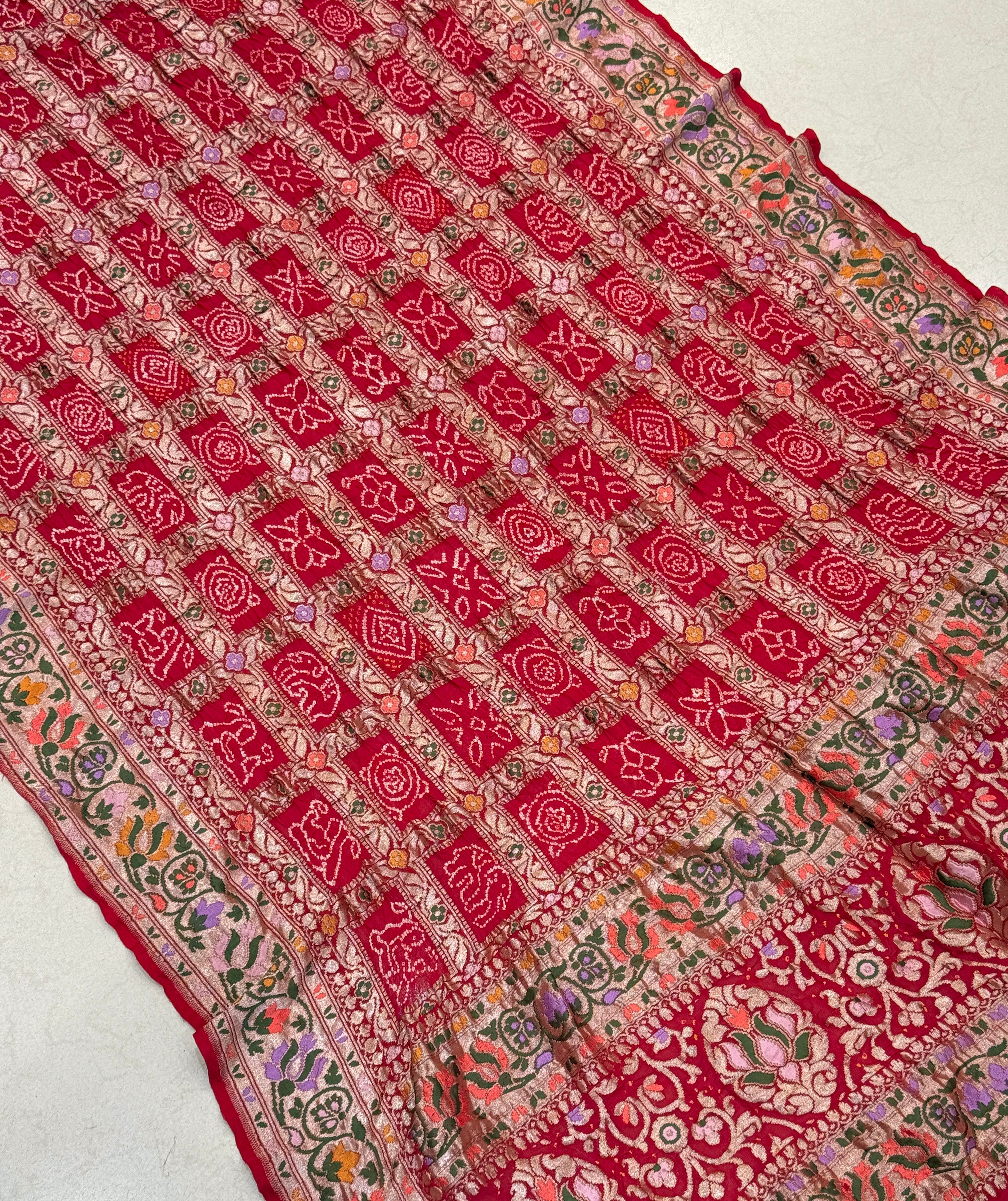 Red Meenakari Handloom Gharchola Bandhej Dupatta