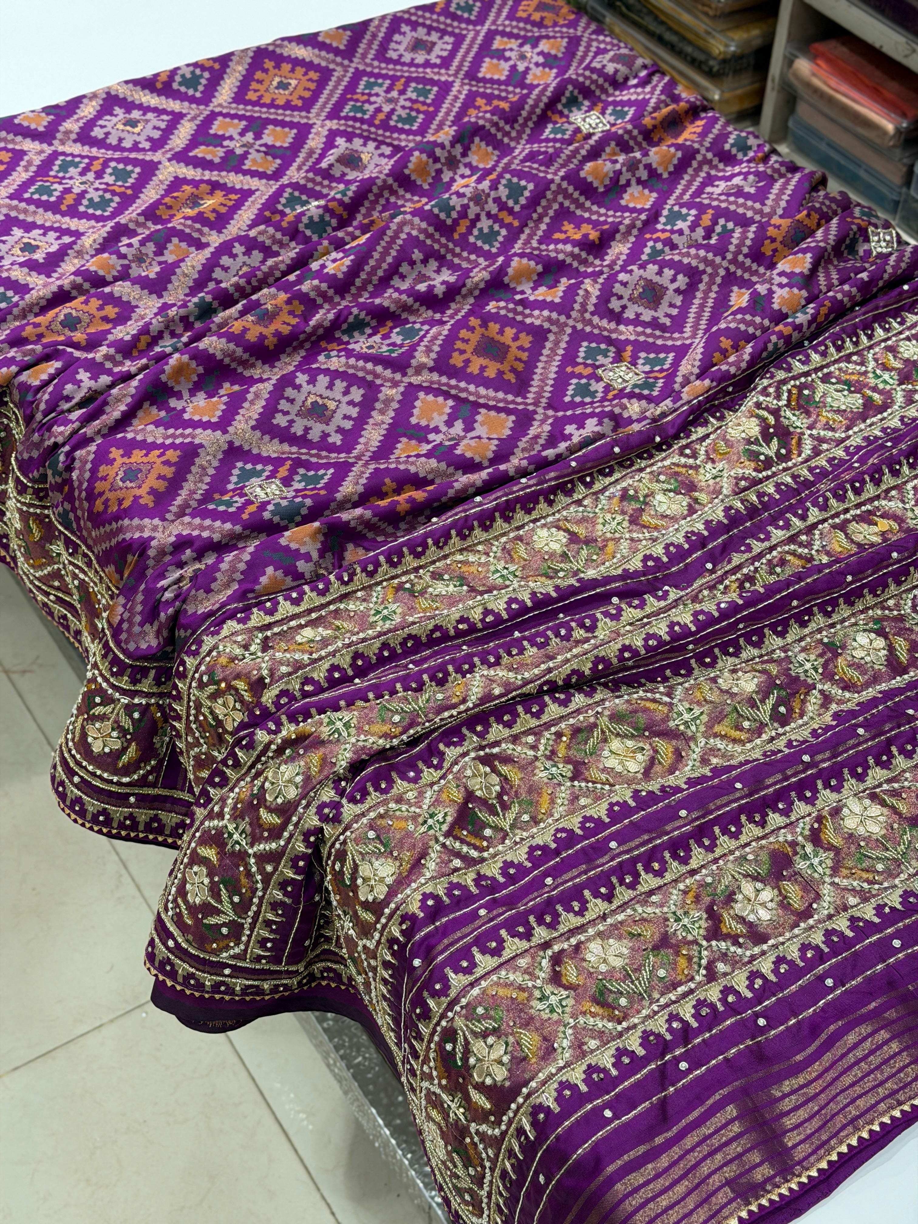 Violet Patola Ratan Chowk Hand Embroidery Saree