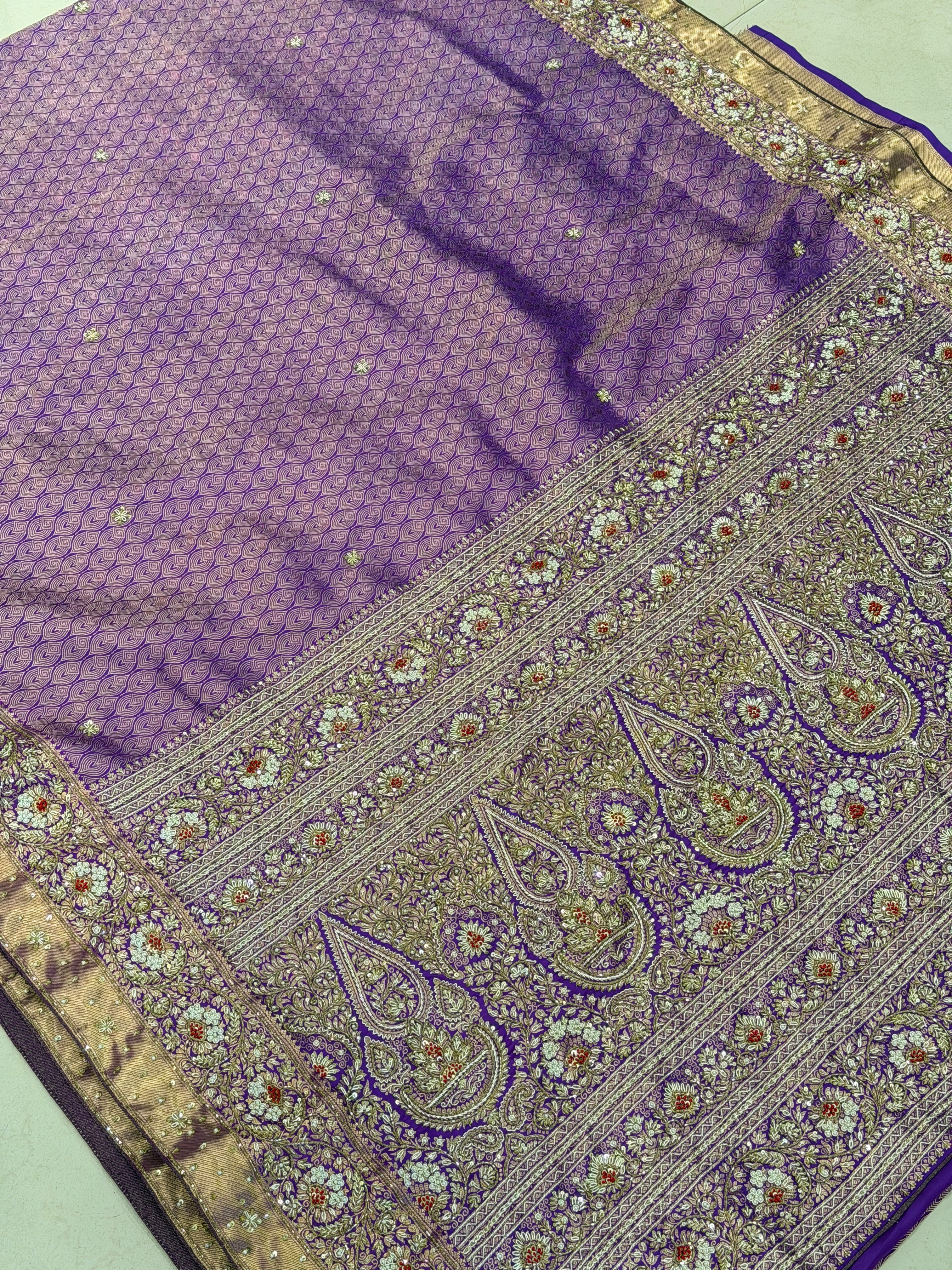 Violet Kanjivaram Floral Jaal Zardozi Hand Embroidery Saree