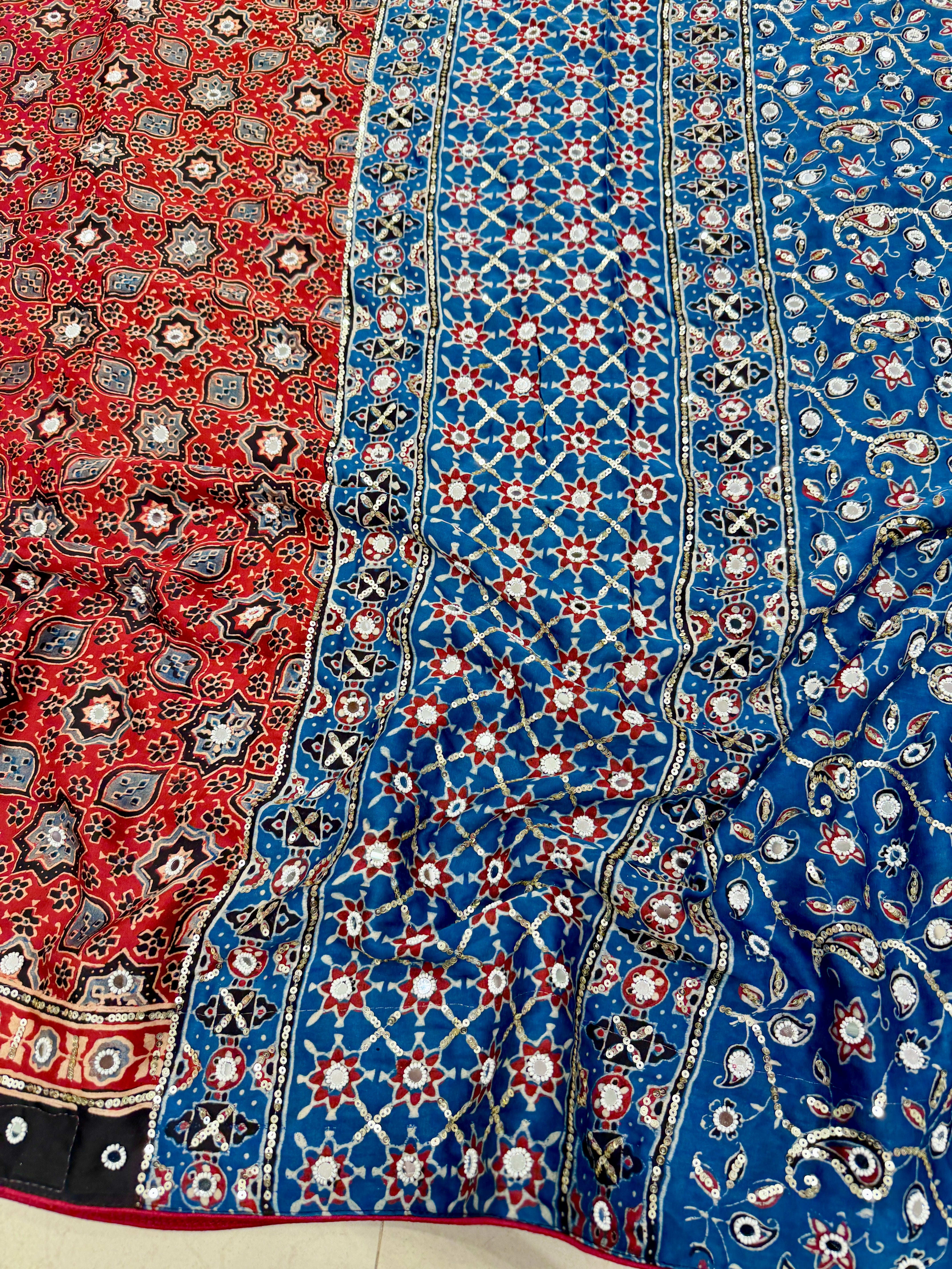 Red Blue Jaal Ajrakh Real Mirror Moti Sequin Hand Embroidery Saree
