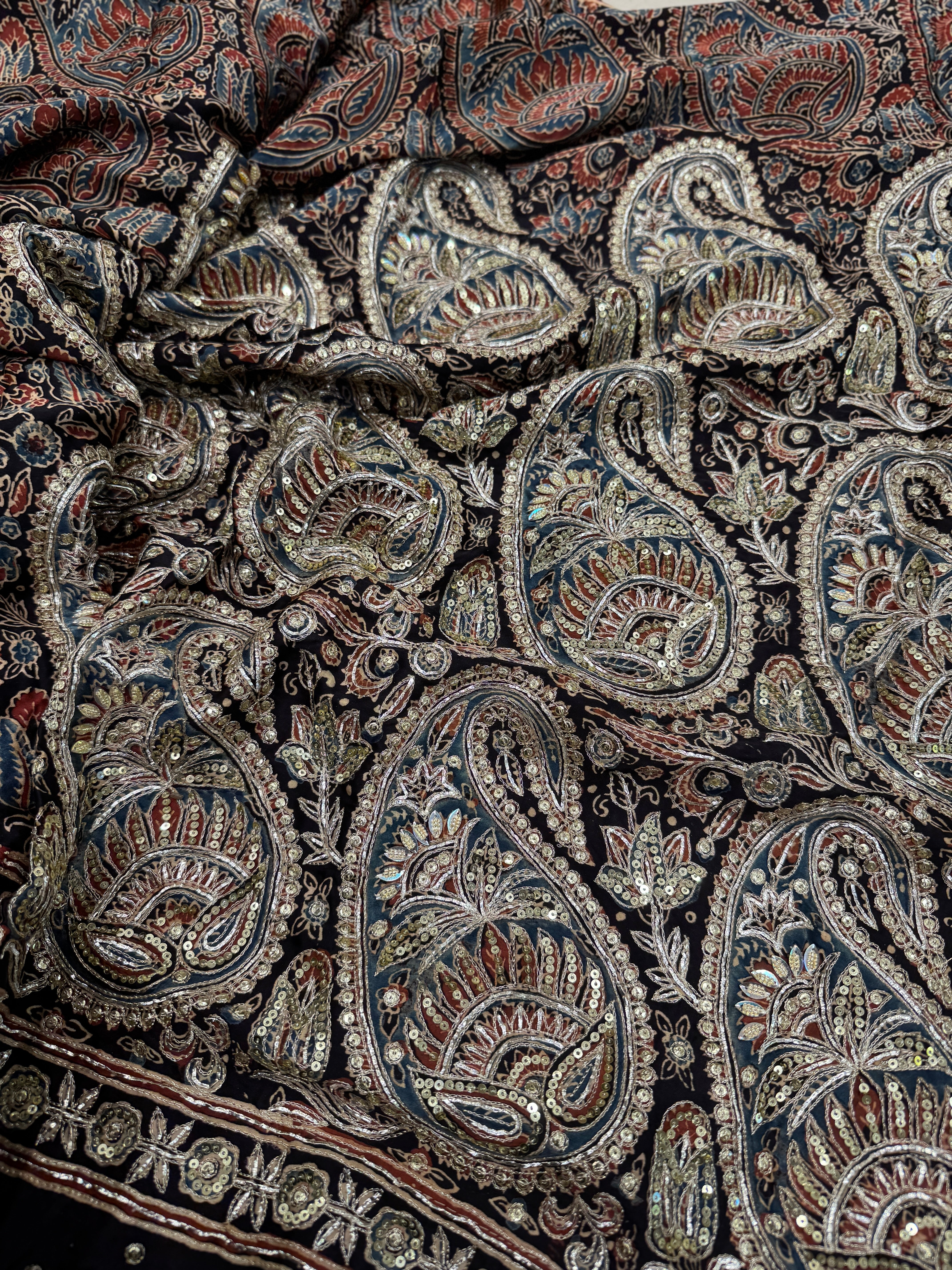 Black Keri Jaal Ajrakh Blue Pallu Hand Embroidery Zardosi and Pita Work