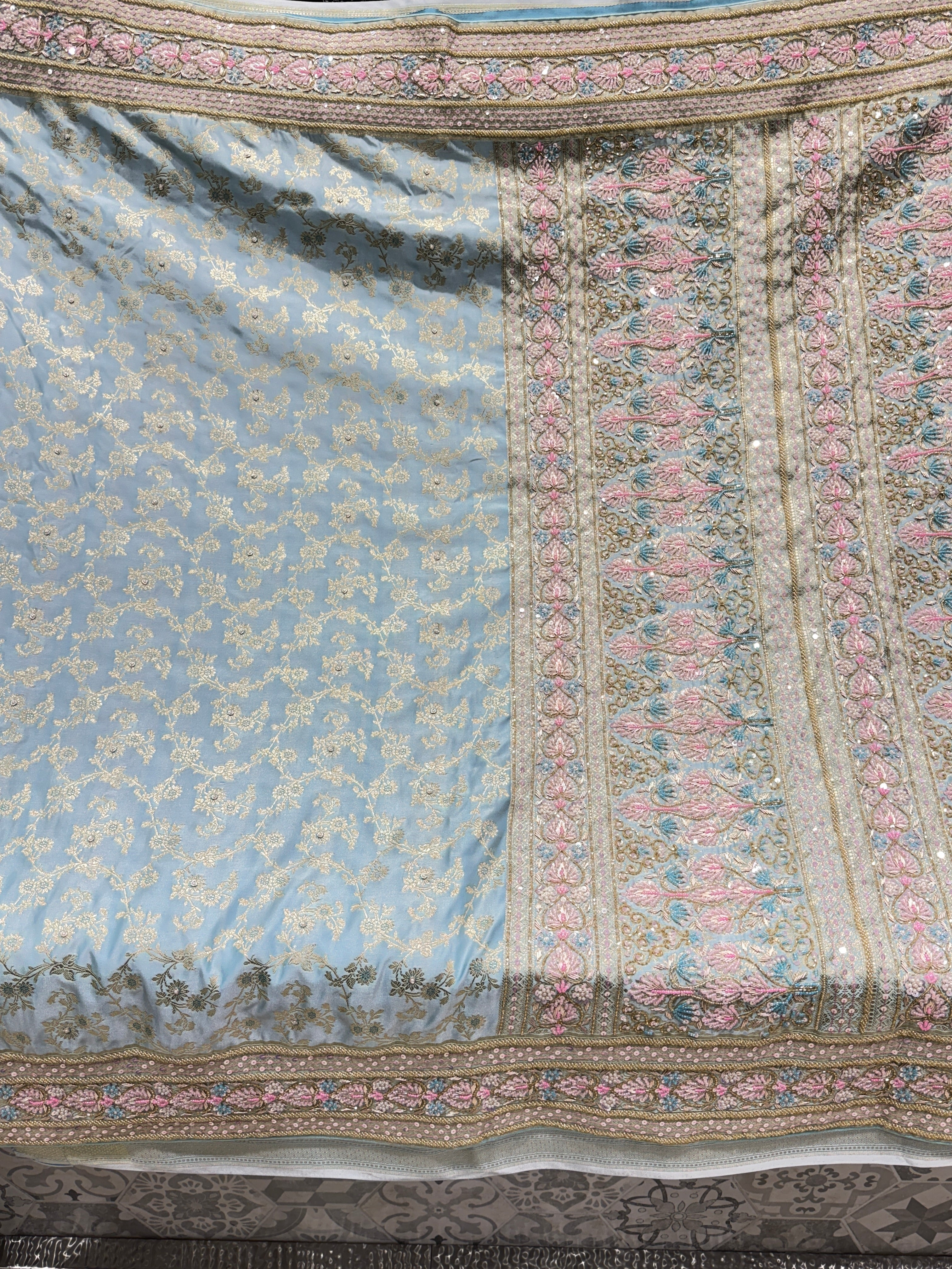 Light Blue Banarasi Heart Border Fancy Embroidery Saree