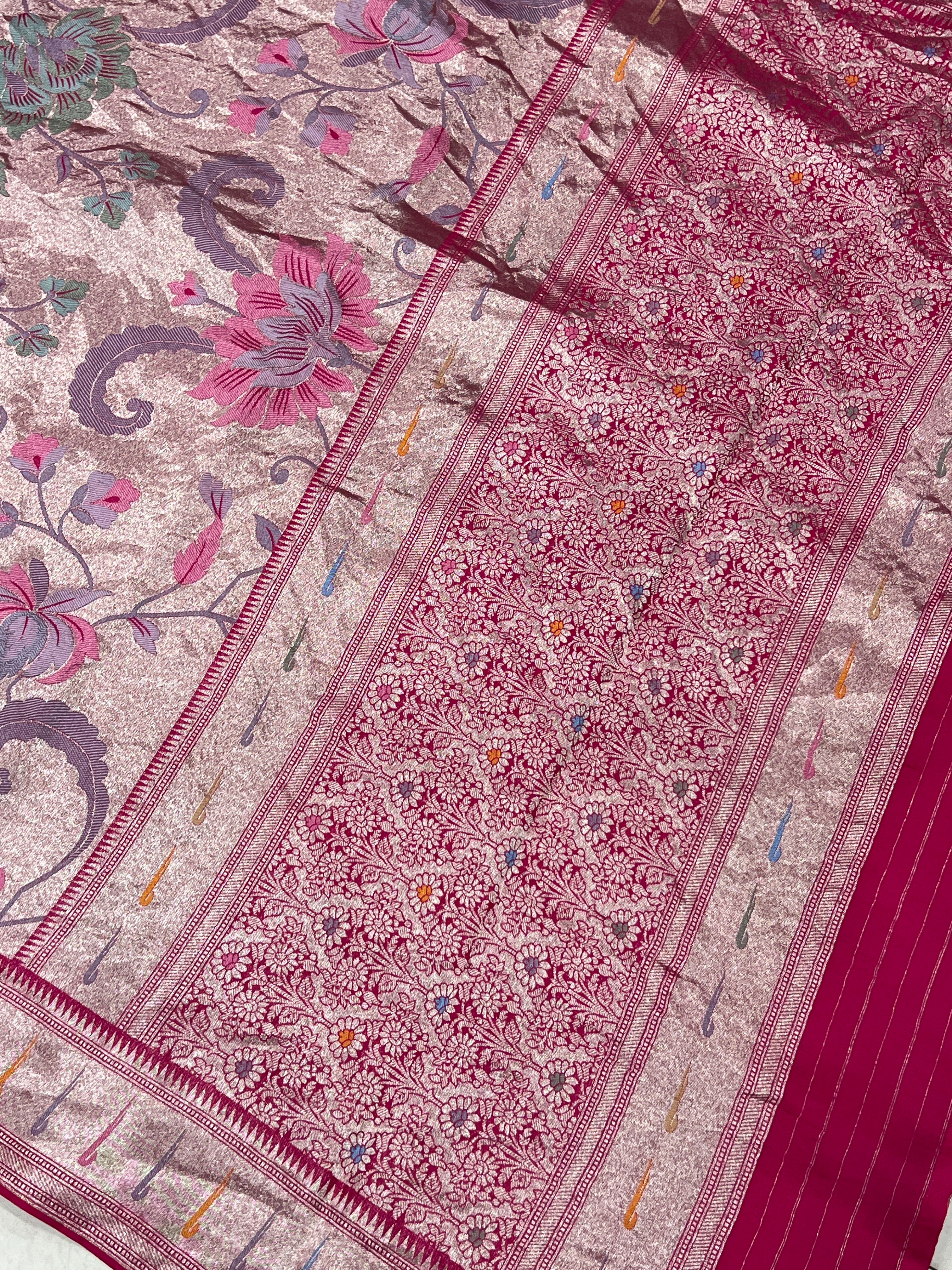 Rani Pink Silver Meenakari Muniya Tissue Munga Banarasi Paithani Saree