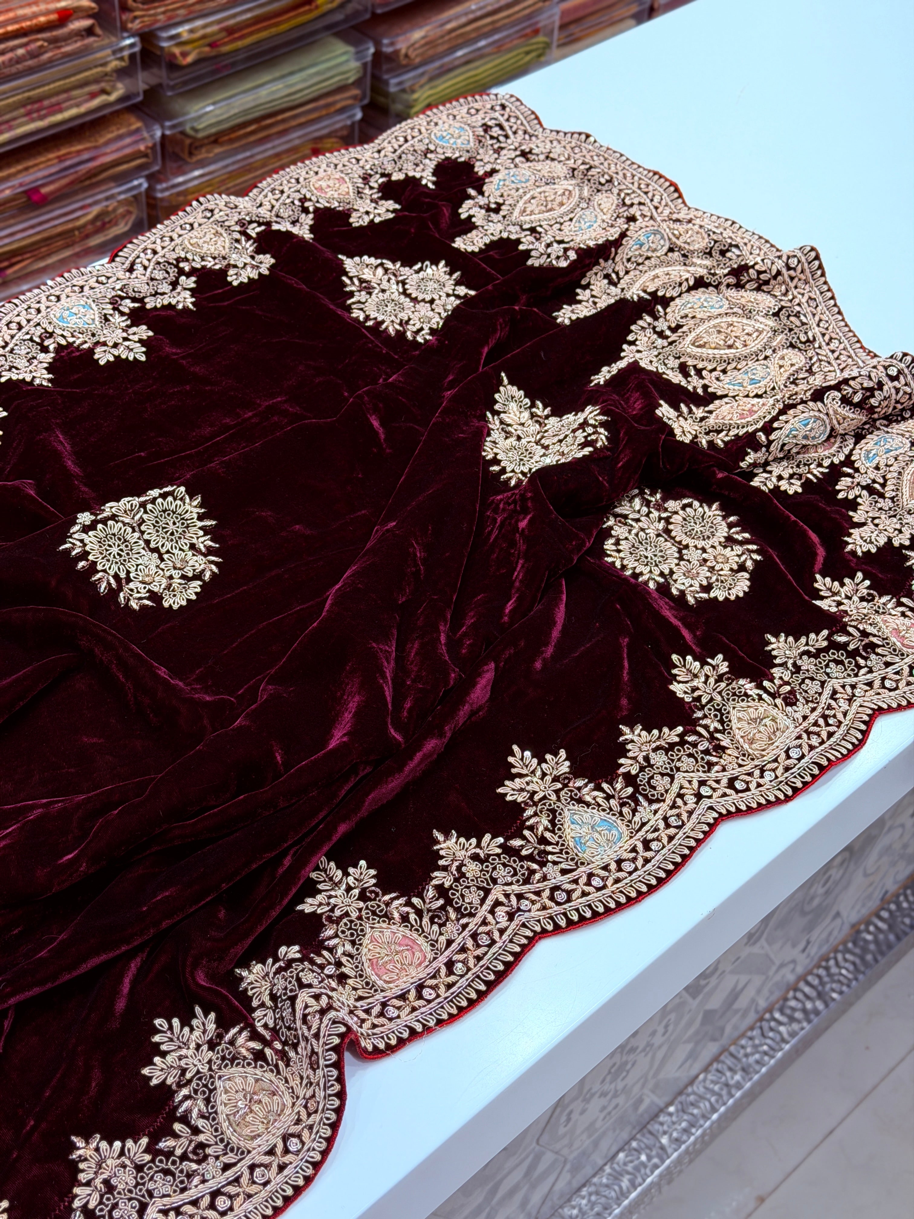 Pure Velvet Zardosi Hand Embroidery Saree