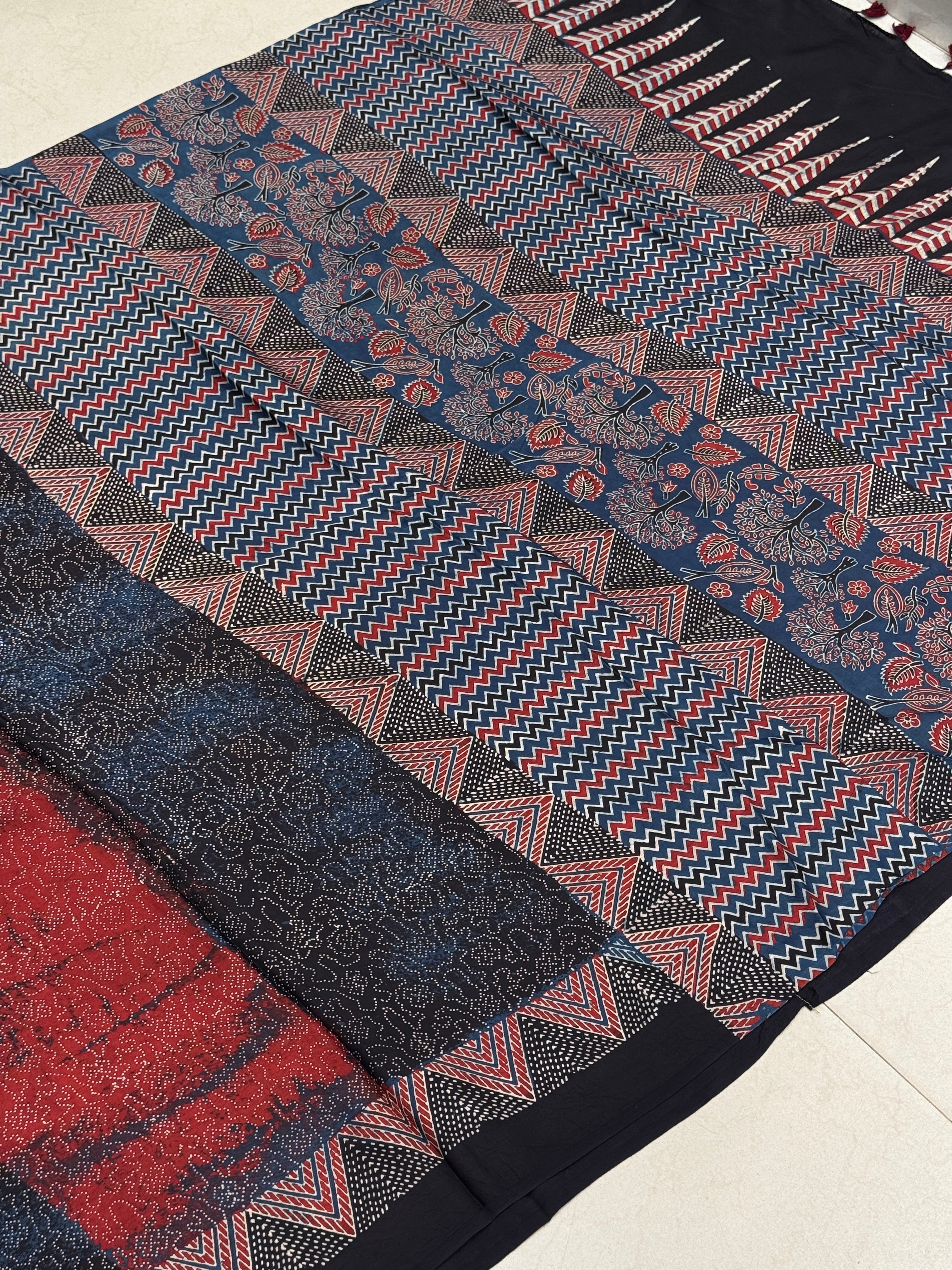 Red Contemporary Bandhej Style Hand Block Print Ajrkah Pure Gajji Silk Saree