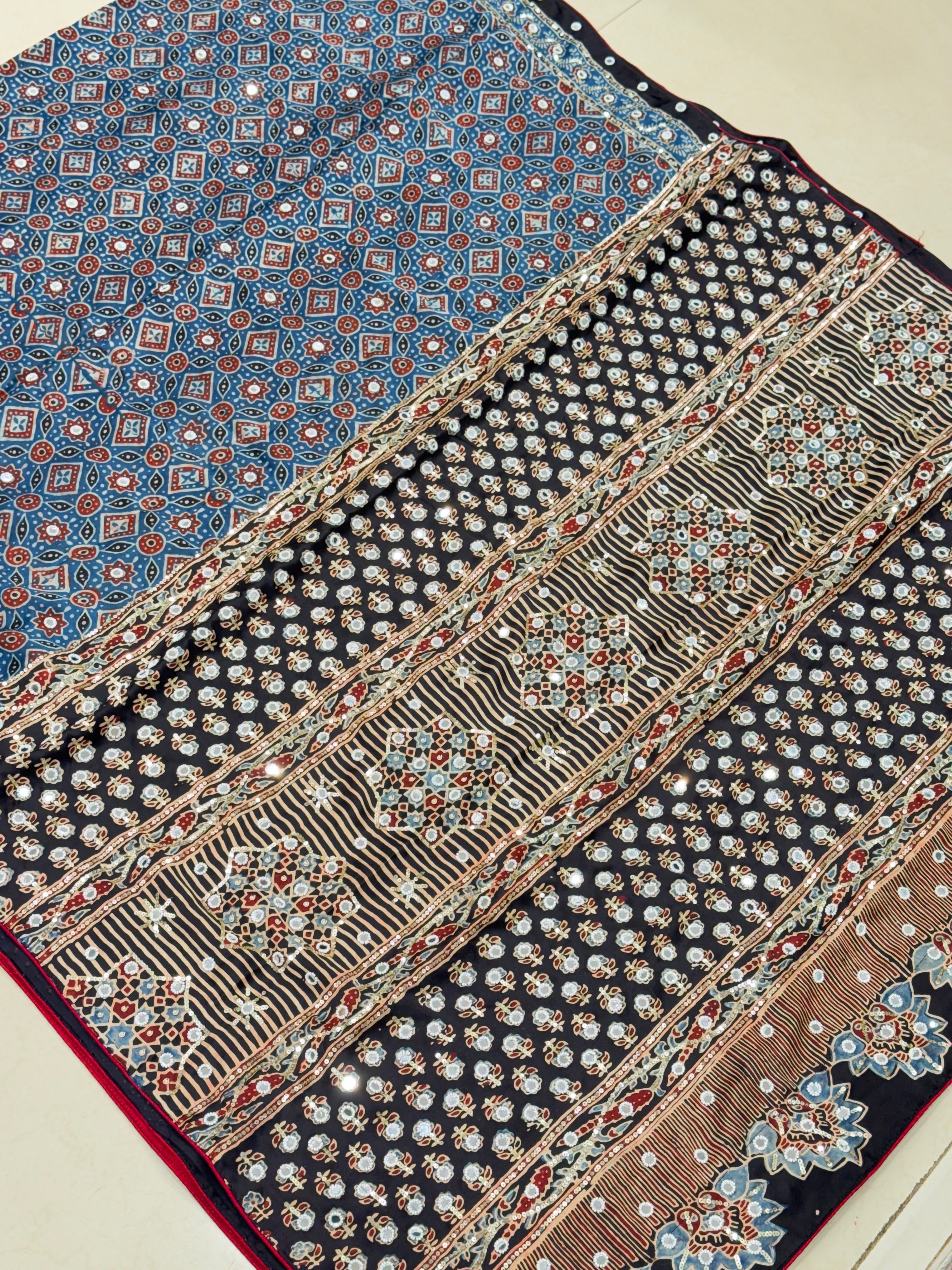 Blue Black Jaal Ajrakh Real Mirror Moti Sequin Hand Embroidery Saree