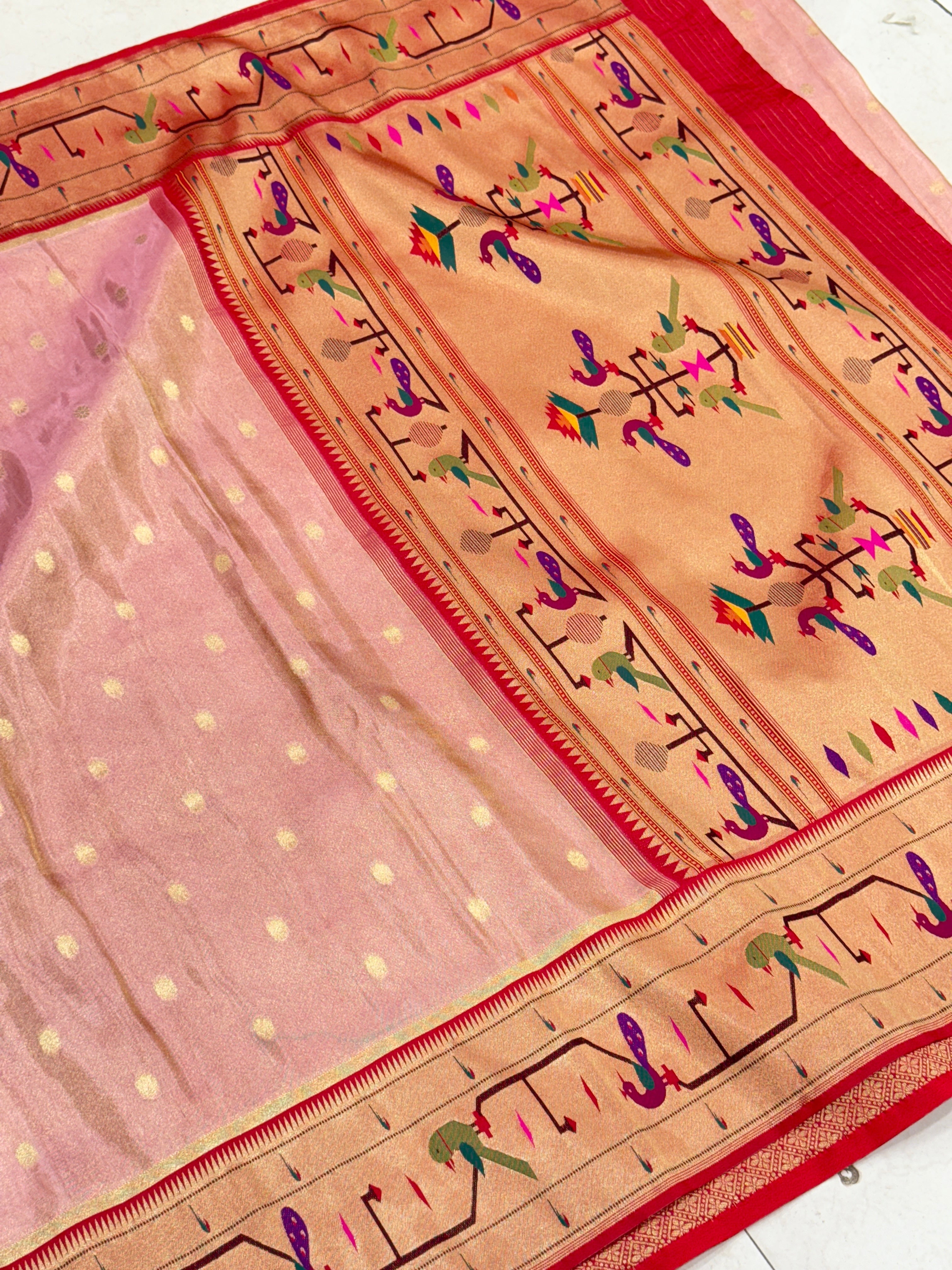 Pink Tissue Paithani Peacock Parrot Border Saree