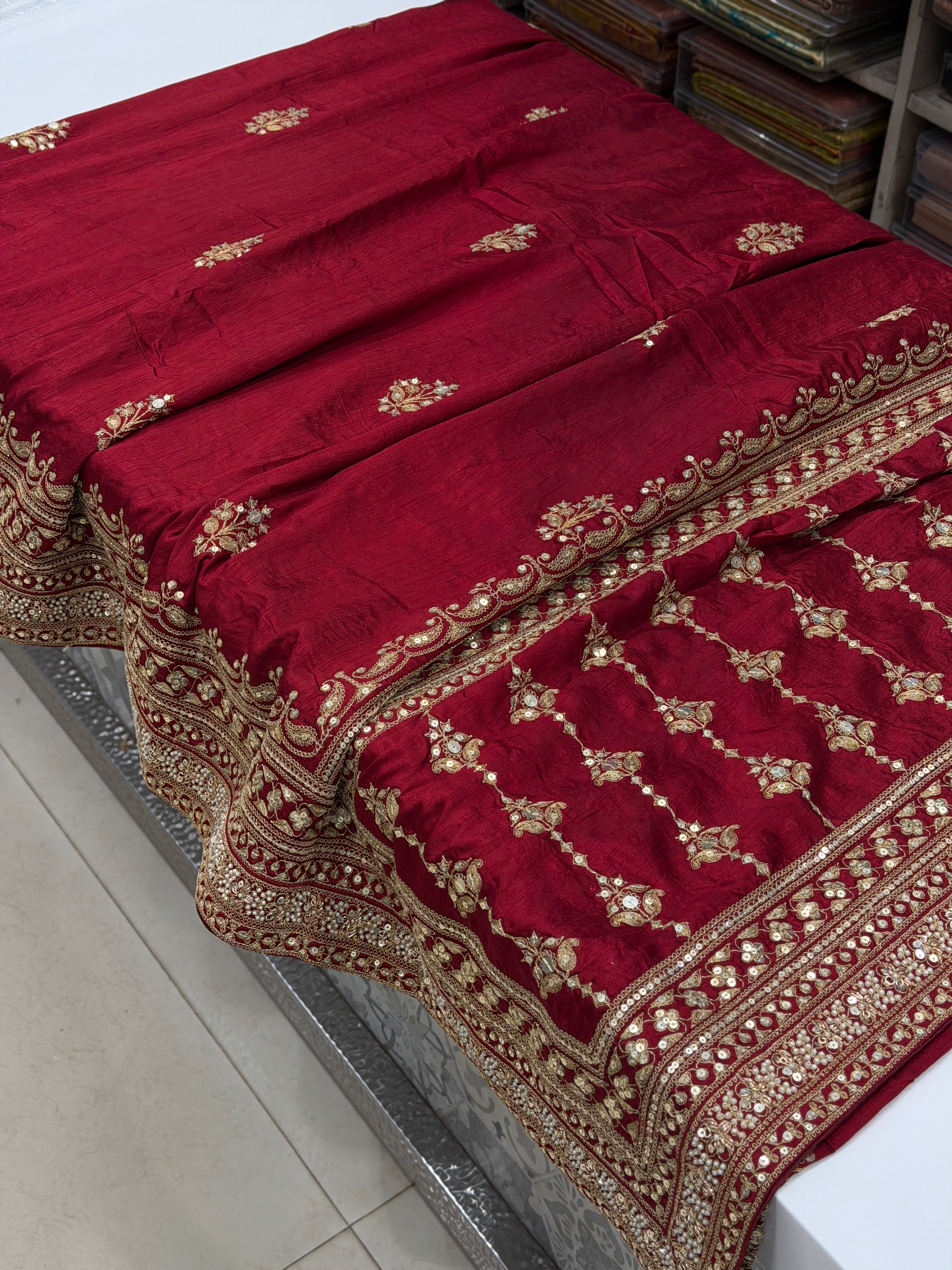 Maroon Pure Silk Sabyasachi Inspired Marodi Sequin Jaal Pallu Butti Saree