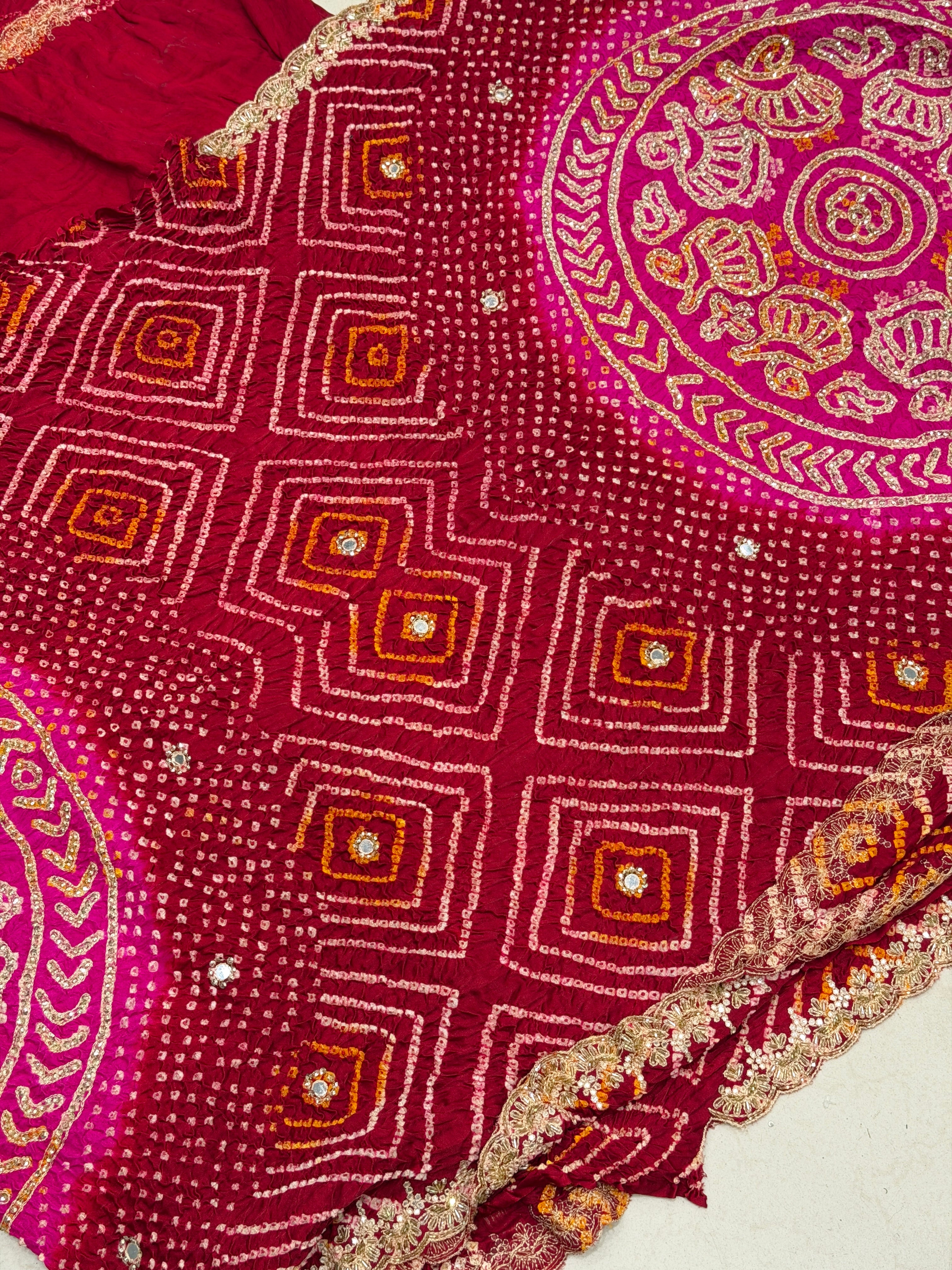 Maroon Rani Gajji Silk Rai Bandhej Gharchola Hand Embroidery Saree