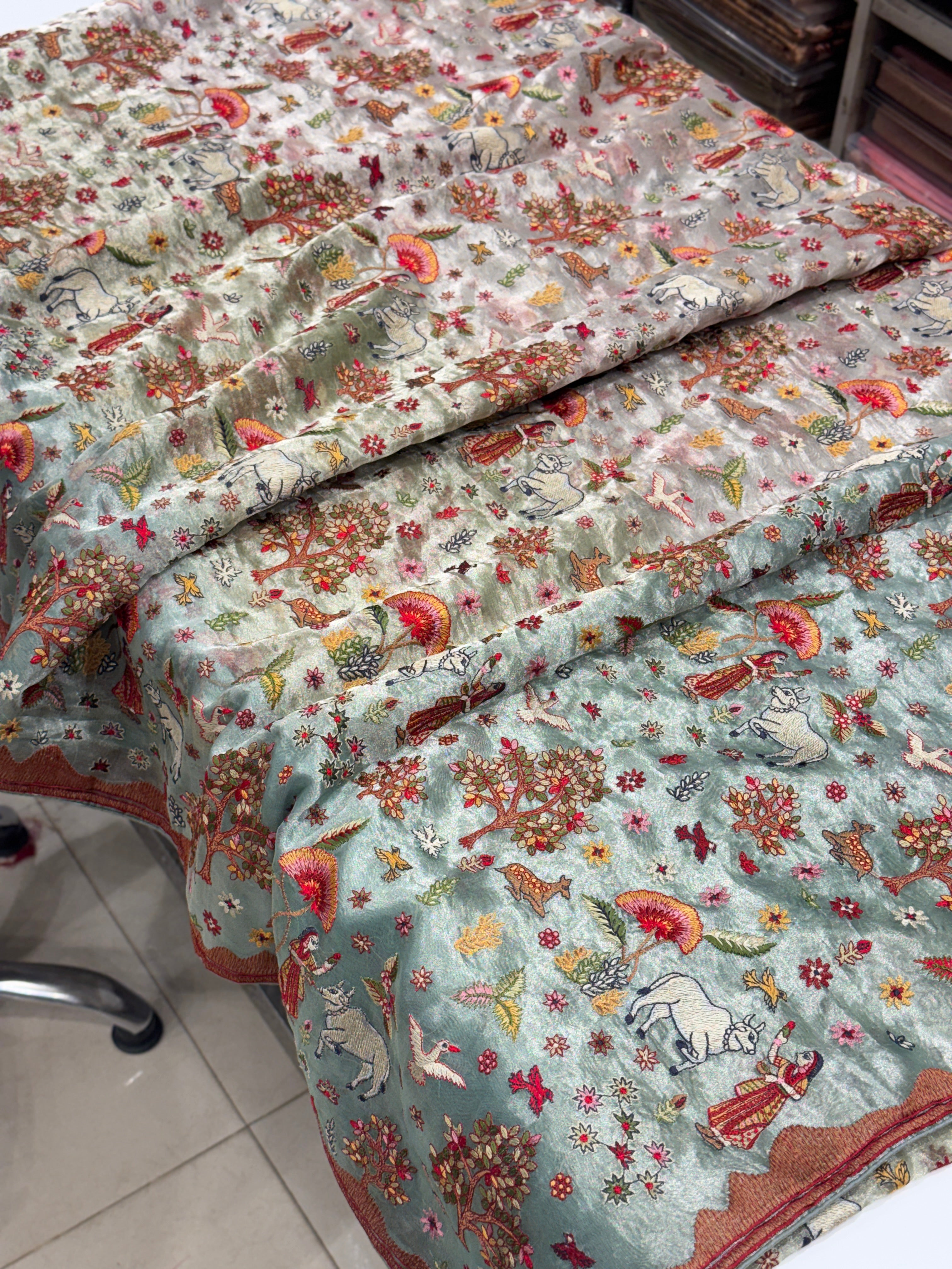 Nita Ambani Inspired Jamdani Style Embroidery Tissue Silk Saree