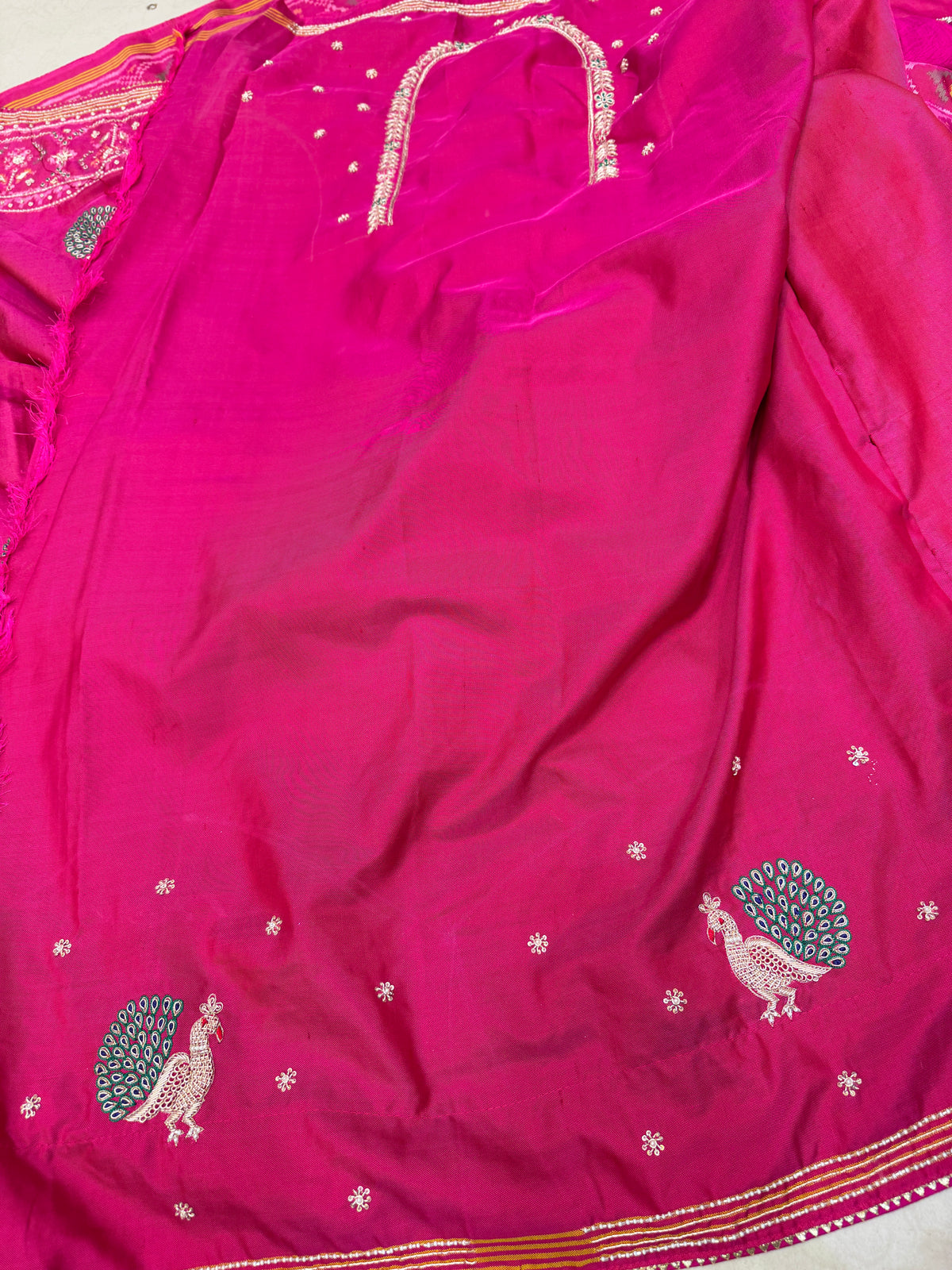 Rani Pink Peacock Motif Patan Patola Hand Embroidery Zardosi Saree